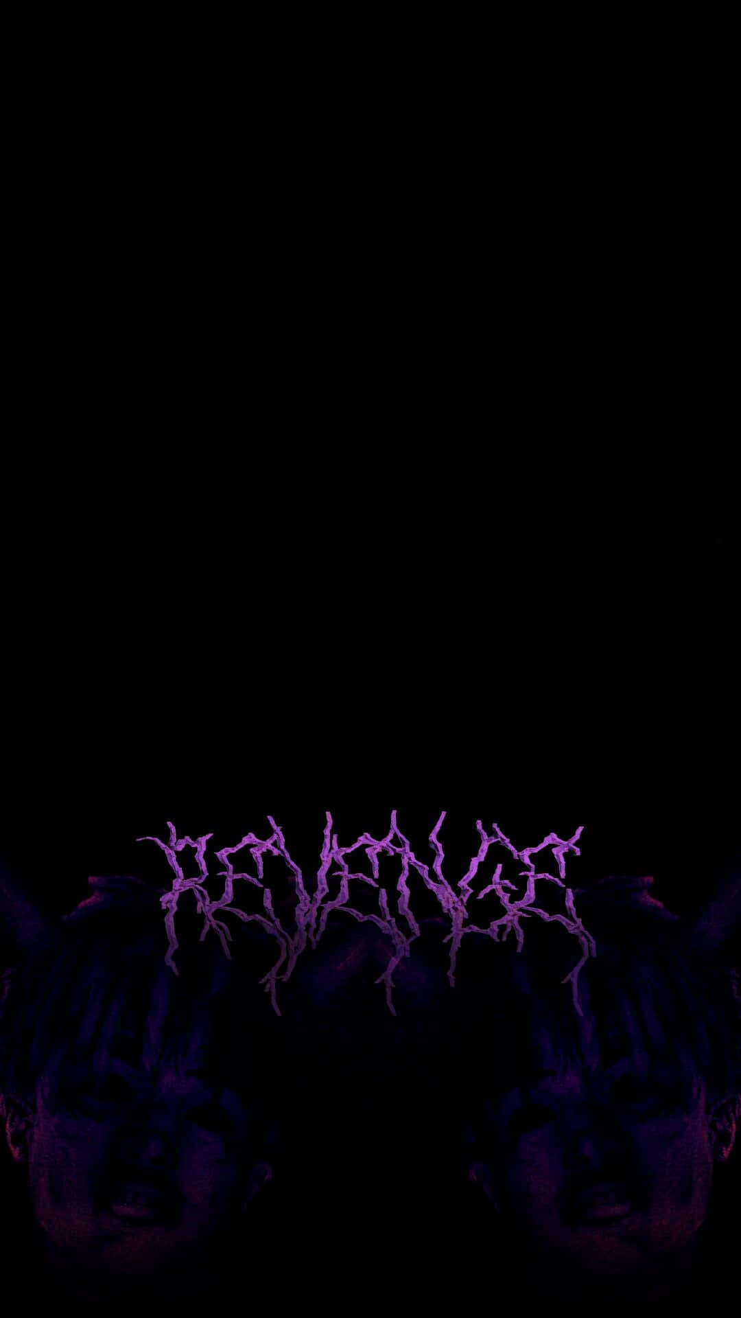 XXXTENTACION 桌布 壁紙 — 兩個陰影面孔在黑色背景上，鋸齒狀紫色「REVENGE」文字下方微弱發光。
