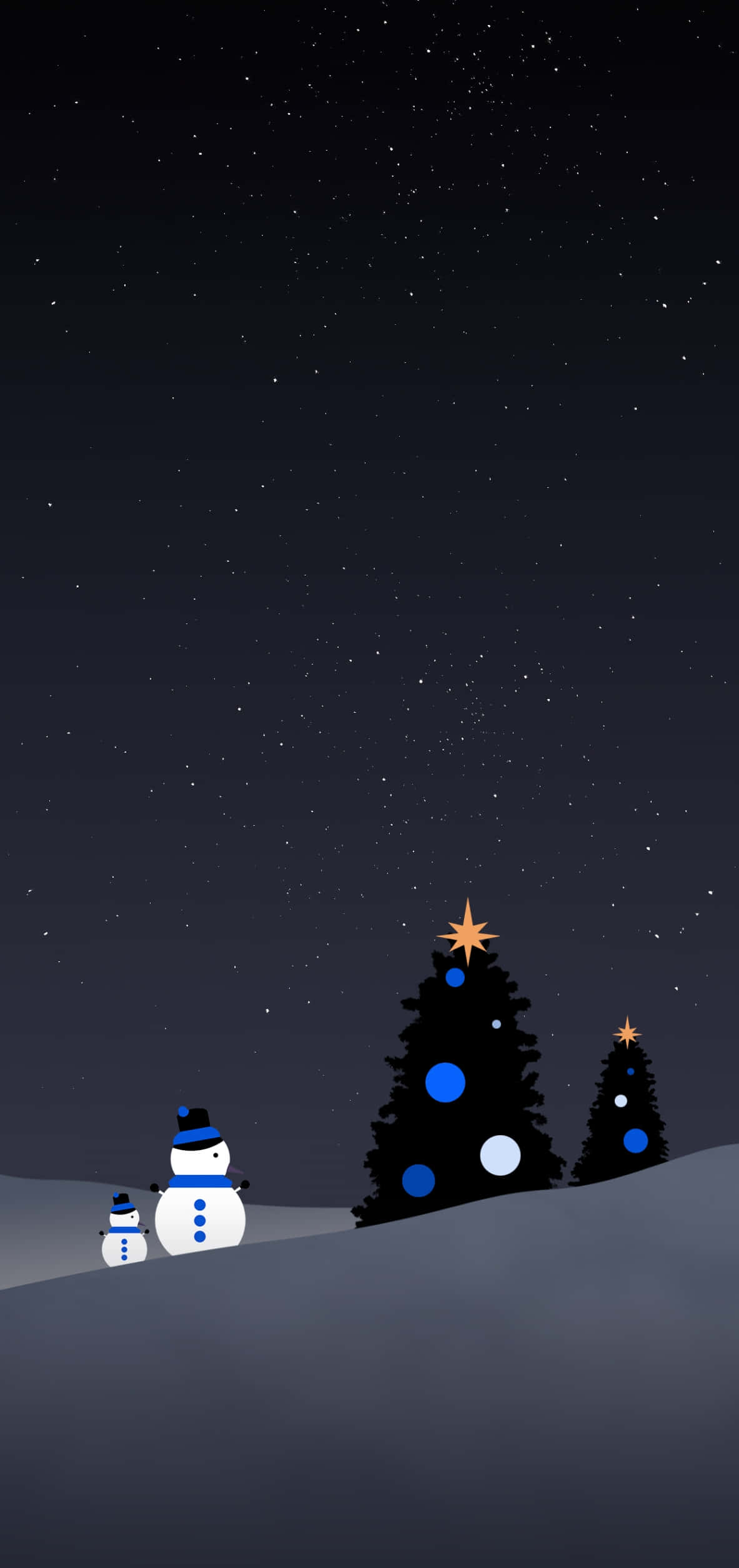 Dark Christmas 桌布 壁紙 — 兩個雪人站在裝飾好的聖誕樹旁，背景是星空下的雪地景觀。