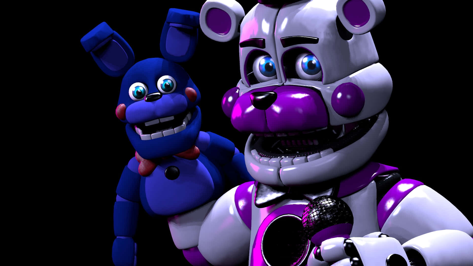 Fnaf Sister Location 桌布 壁紙 — 兩個電子動畫角色，一隻藍色兔子和一隻紫色熊，有著大眼睛和尖銳的牙齒，站在黑色背景前。