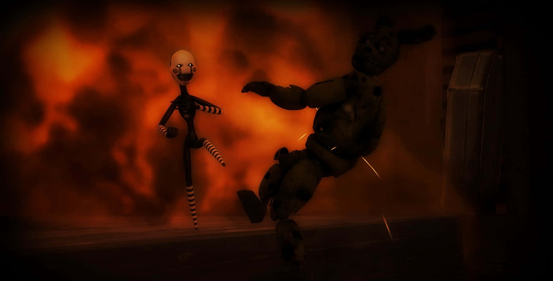 Springtrap 桌布 壁紙 — 兩個電子動畫角色在熾熱的橙色迷霧中對峙，帶有戲劇性的陰影。