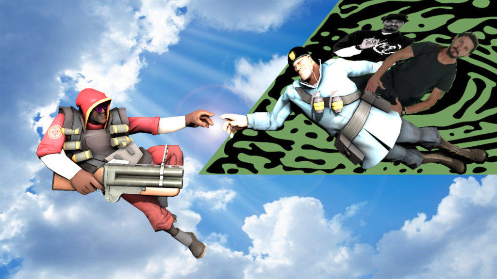 meme 桌布 壁紙 — 兩個電子遊戲角色伸手觸碰，背景是藍天白雲，一群真人漂浮在他們旁邊的綠色圖案平面上。