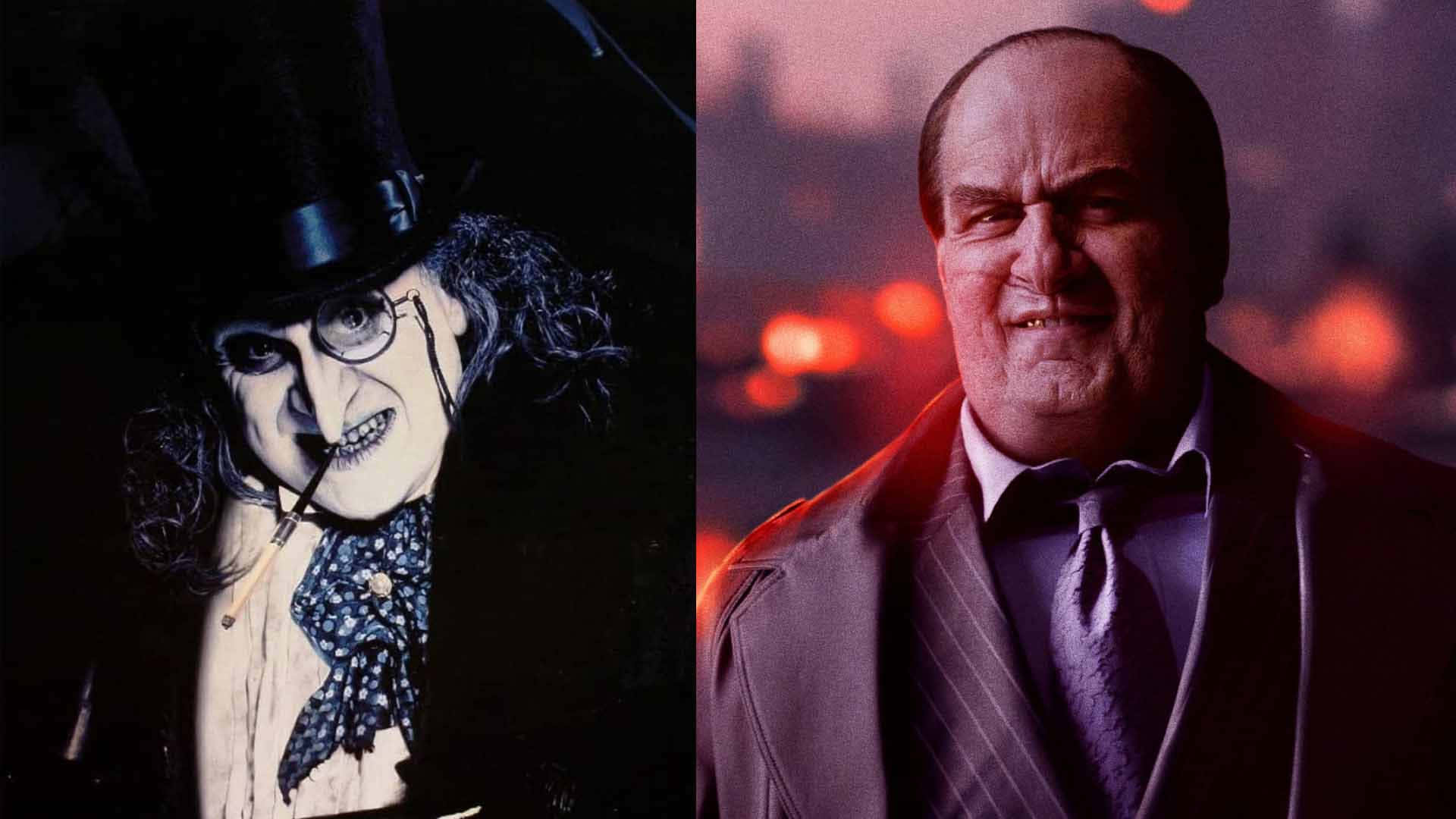 Batman Penguin 桌布 壁紙 — 兩個電影惡棍的分屏畫面，一個戴高帽抽煙斗，另一個穿西裝怒目而視。
