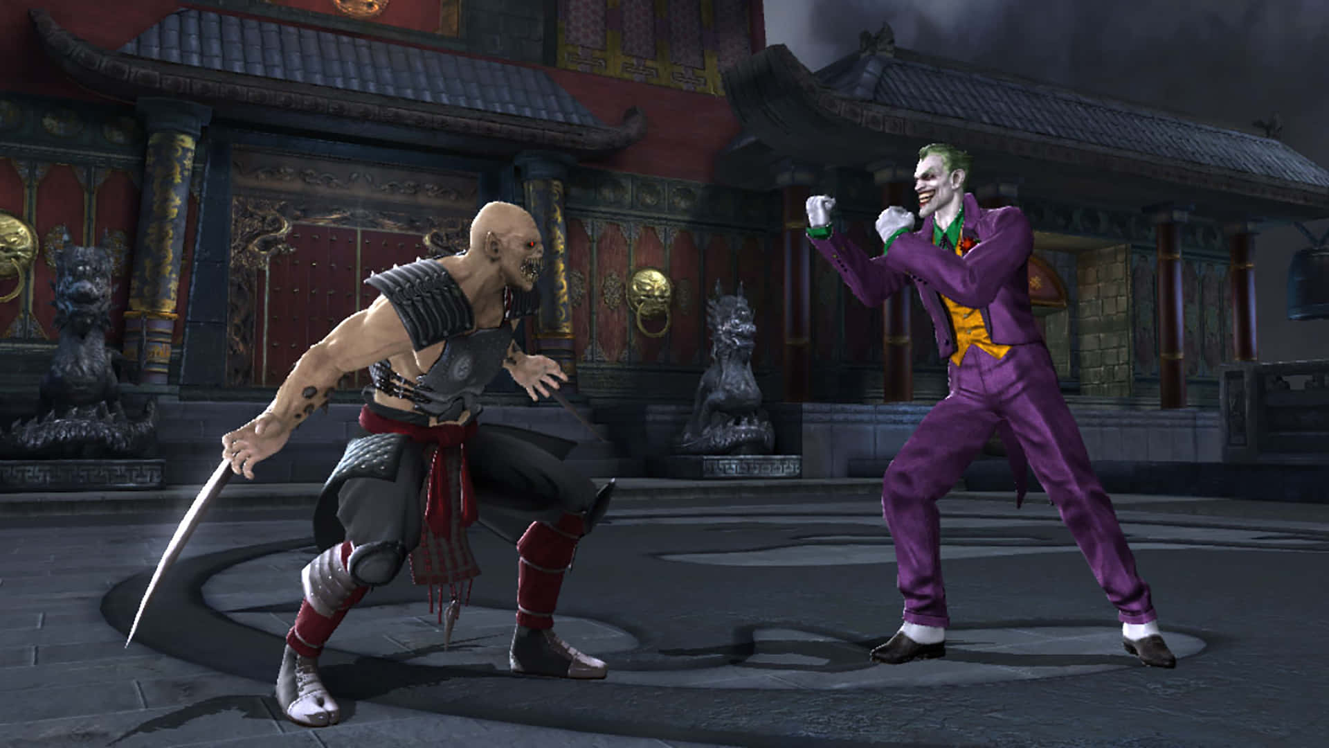 Mortal Kombat Vs Dc Universe 桌布 壁紙 — 兩個電玩角色在暴風雨天空下，於華麗的亞洲寺廟前以武術姿勢對峙。