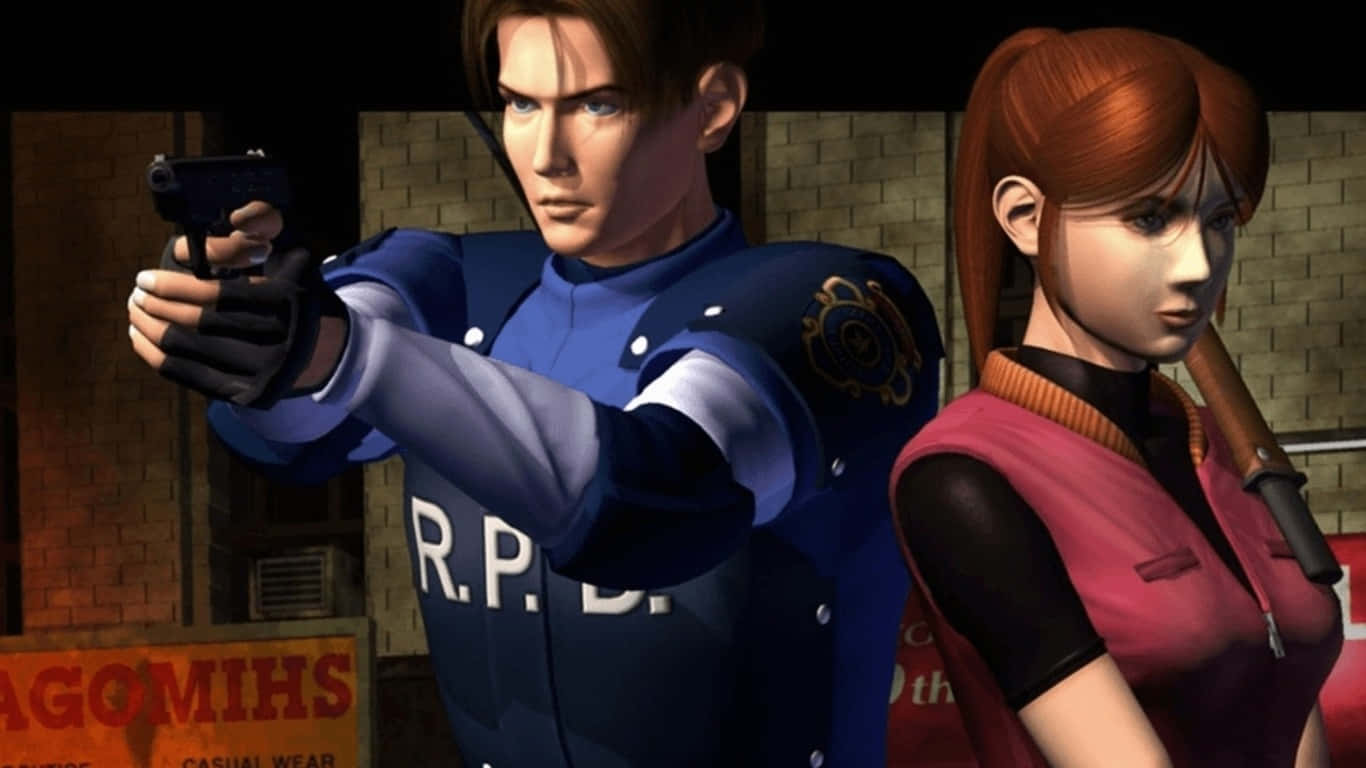 1366x768 Resident Evil 2 桌布 壁紙 — 兩個電玩角色穿著警察制服在夜晚的陰暗城市小巷中瞄準武器。