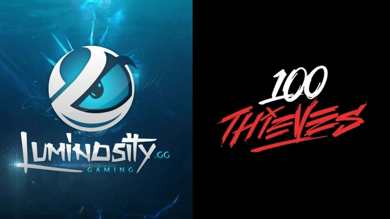Luminous 桌布 壁紙 — 兩個電競隊伍標誌並排：Luminosity Gaming 帶有發光的藍色眼睛，以及 100 Thieves 以粗體紅色塗鴉風格呈現。