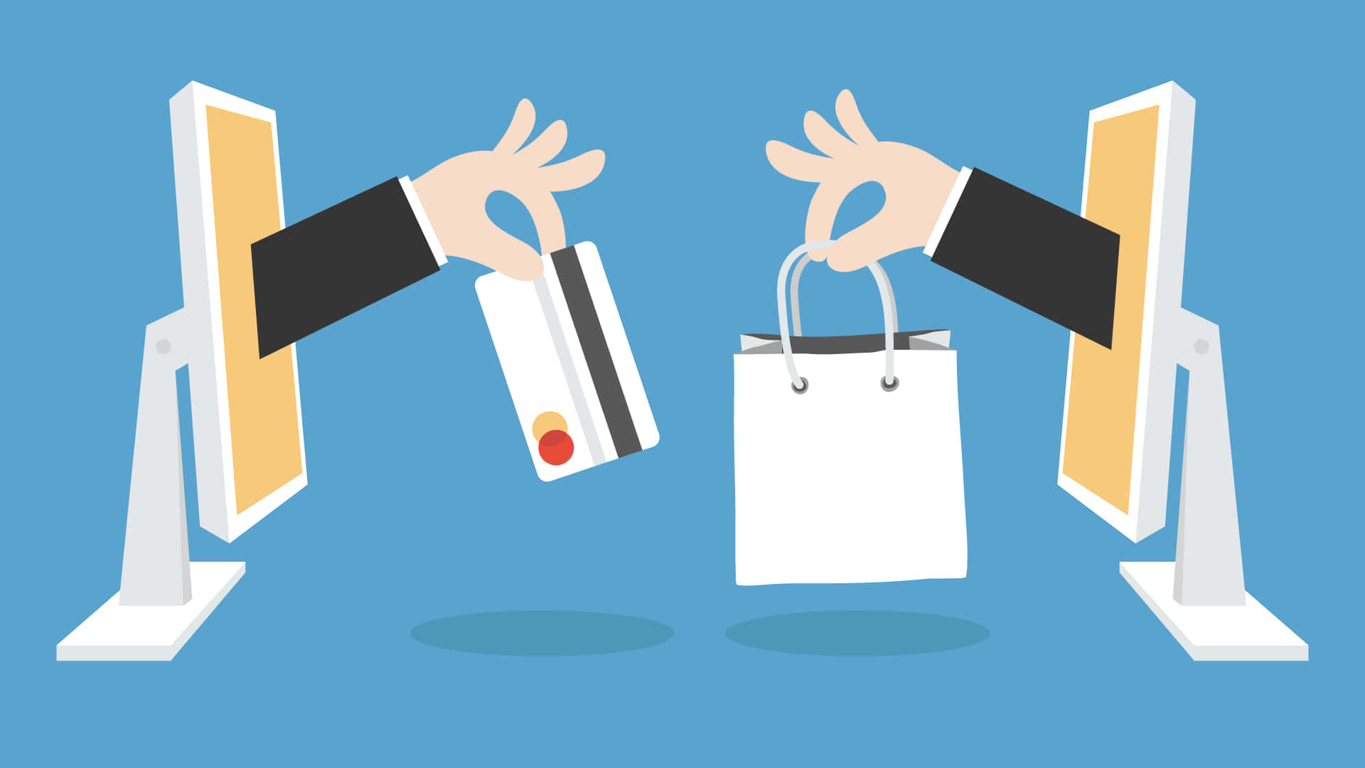 Shopping 桌布 壁紙 — 兩個電腦顯示器伸出手臂，在純藍色背景上交換信用卡和購物袋。