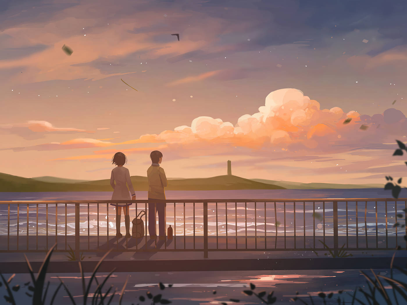兩個青少年在夕陽映照的海面上形成剪影，伴隨著漂浮的樹葉和柔和的雲朵。 — 動畫風景 壁紙