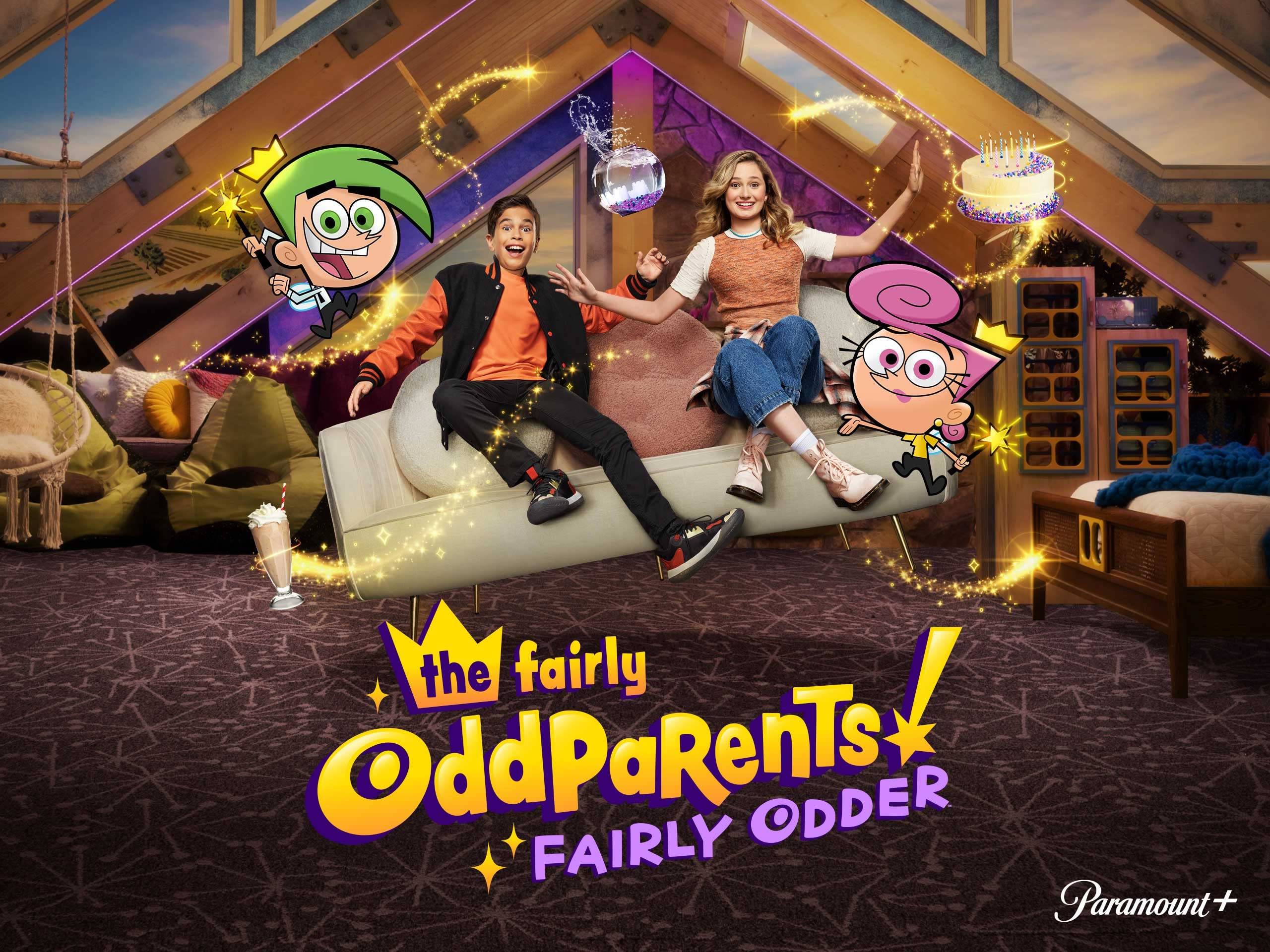 The Fairly Oddparents 桌布 壁紙 — 兩個青少年坐在一個魔法閣樓中的漂浮沙發上，周圍有卡通精靈和發光的閃爍光芒。