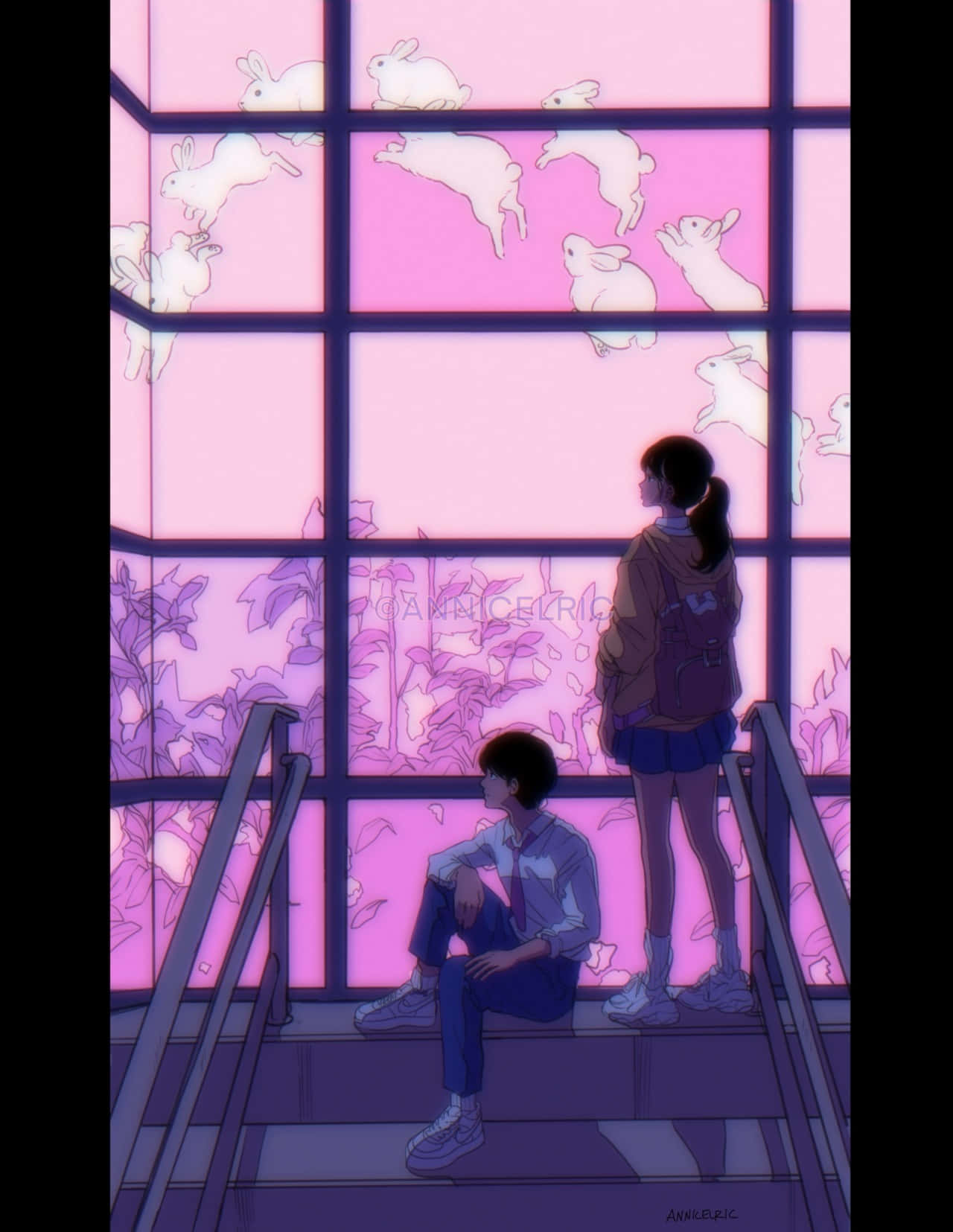 Aesthetic Retro 桌布 壁紙 — 兩個青少年坐在樓梯上，透過格柵窗凝視發光的粉紅兔子和植物，構成超現實的動畫場景。