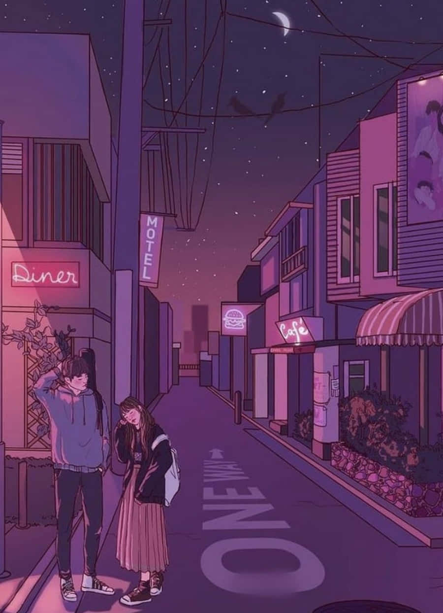 動漫愛情 桌布 壁紙 — 兩個青少年夜晚站在霓虹燈街道上，星空下有一彎新月和飛鳥。