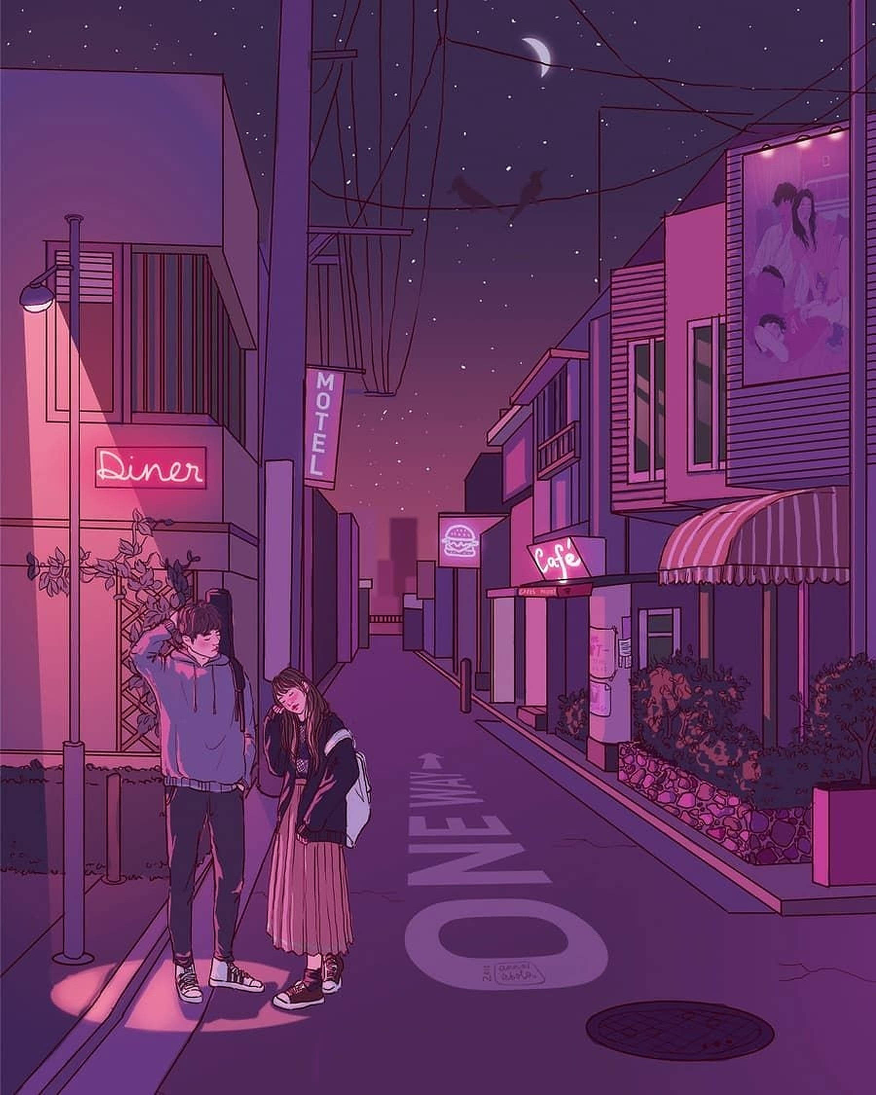 愛情藝術 桌布 壁紙 — 兩個青少年站在霓虹燈照亮的街道上，夜晚，新月之下，上方有發光的招牌和星星。