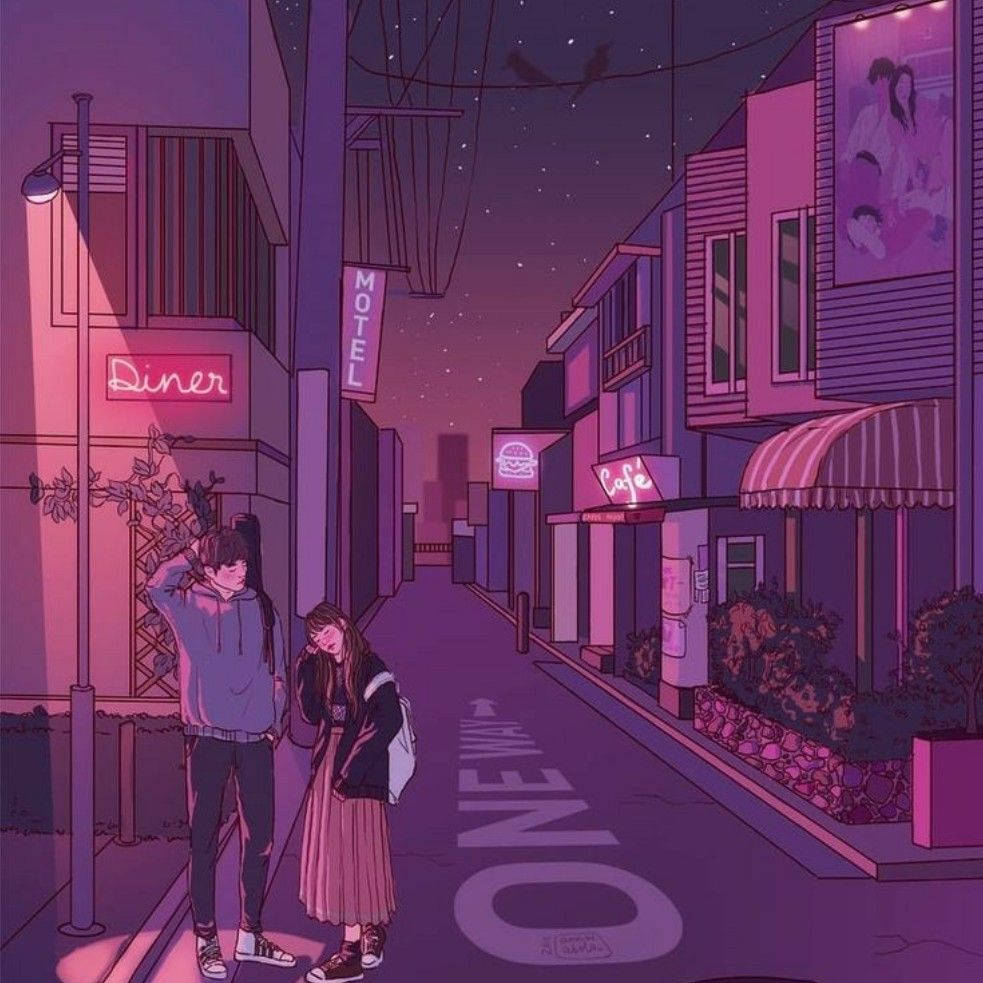 Purple Aesthetic Anime 桌布 壁紙 — 兩個青少年站在霓虹燈閃爍的夜街上，星空下，發光的招牌和汽車旅館咖啡館。