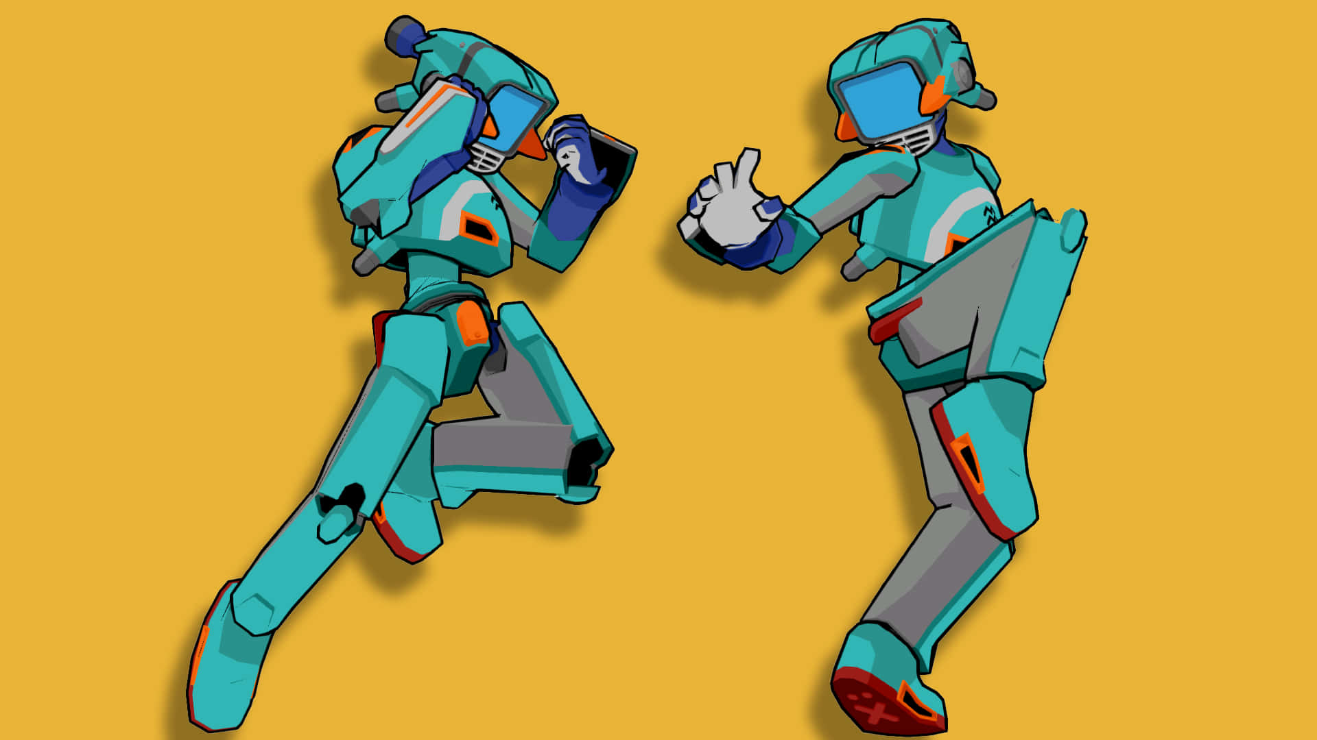 Flcl Canti 桌布 壁紙 — 兩個青綠色和橙色的機器人，以動態姿勢呈現在純芥末黃色背景上。