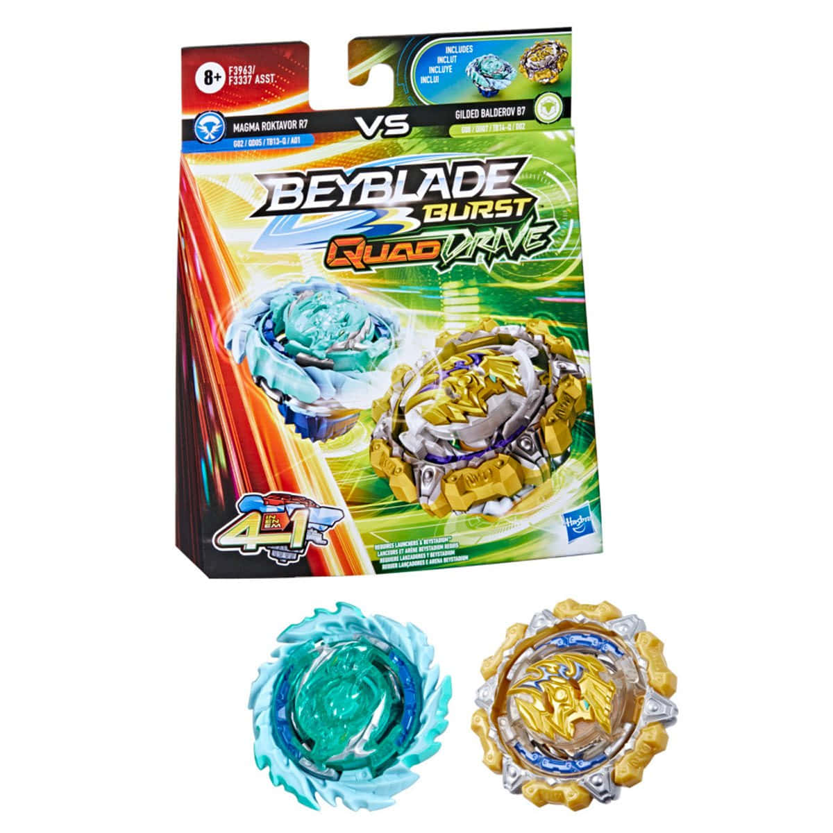 戰鬥陀螺爆裂 桌布 壁紙 — 兩個青綠色和金色的Beyblade Burst旋轉陀螺放在其色彩繽紛的零售包裝下方。
