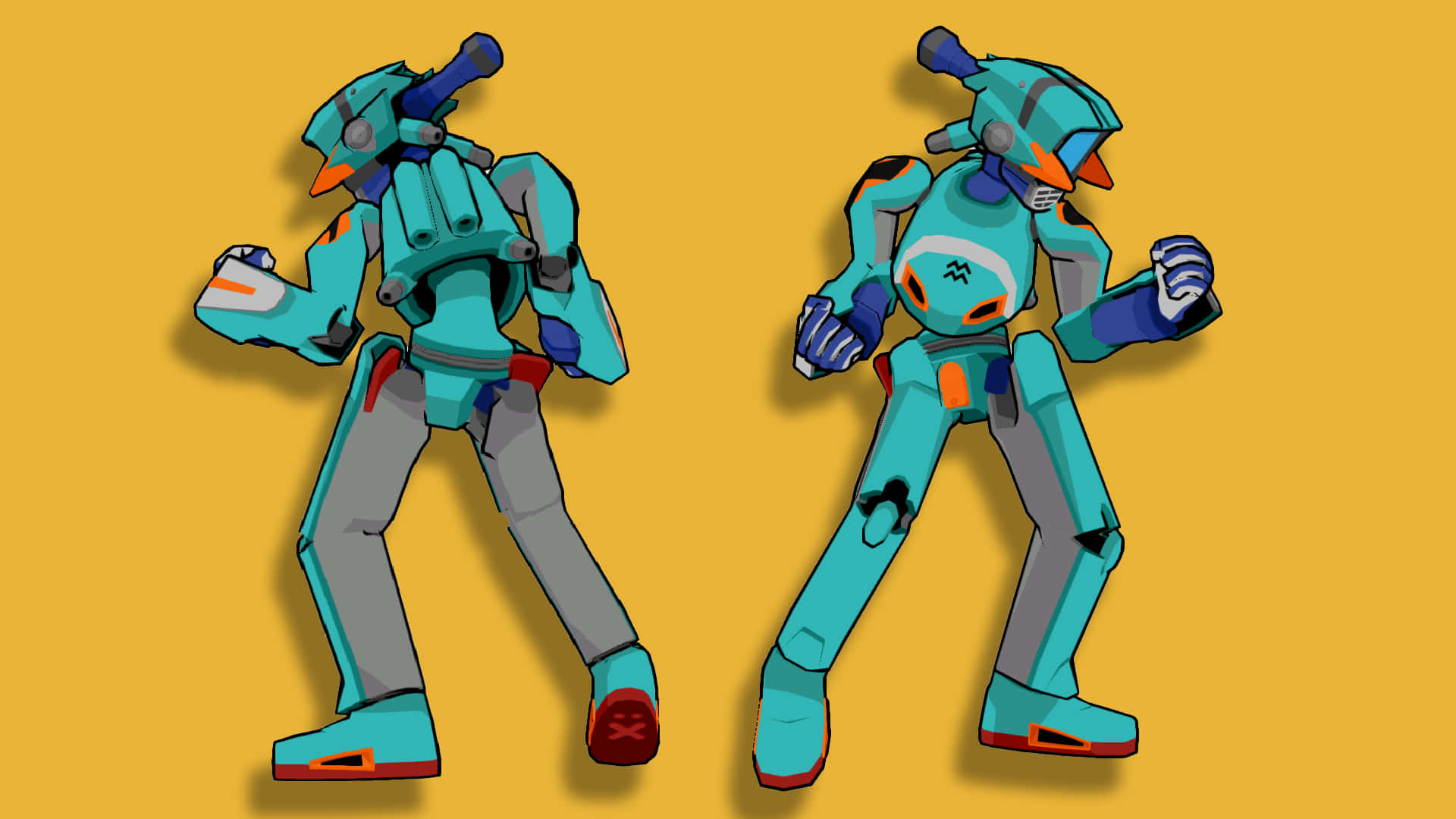 Flcl Canti 桌布 壁紙 — 兩個青色和橙色的裝甲機器人以動態姿勢站在純芥末黃色背景前。