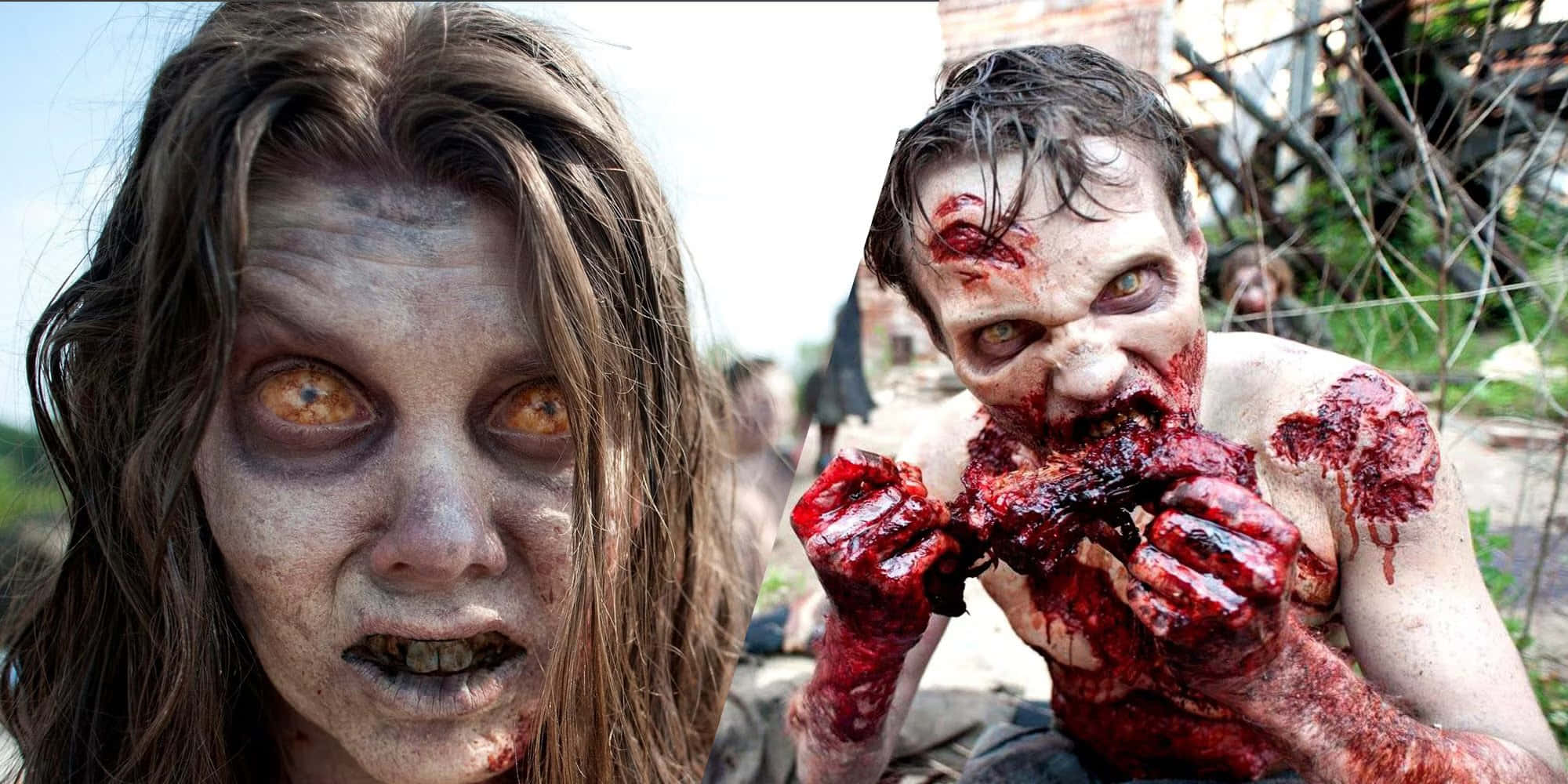 zombies 桌布 壁紙 — 兩個面容血跡斑斑、皮開肉綻的恐怖殭屍潛伏在破敗的戶外廢墟中。