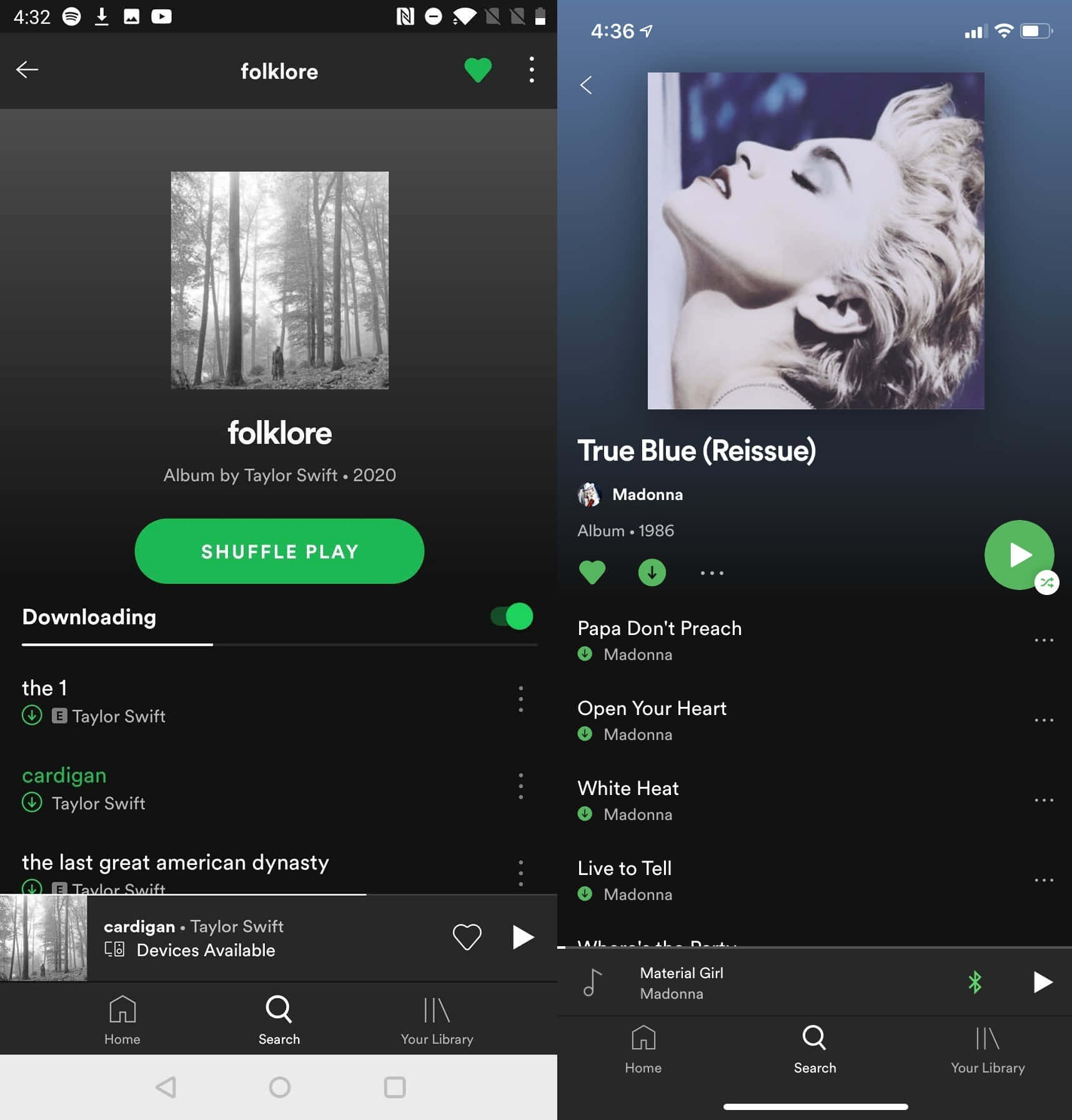 Spotify 桌布 壁紙 — 兩個音樂應用程式的分割畫面檢視，顯示Taylor Swift的《folklore》和Madonna的《True Blue》專輯介面，包含歌曲清單和播放控制。