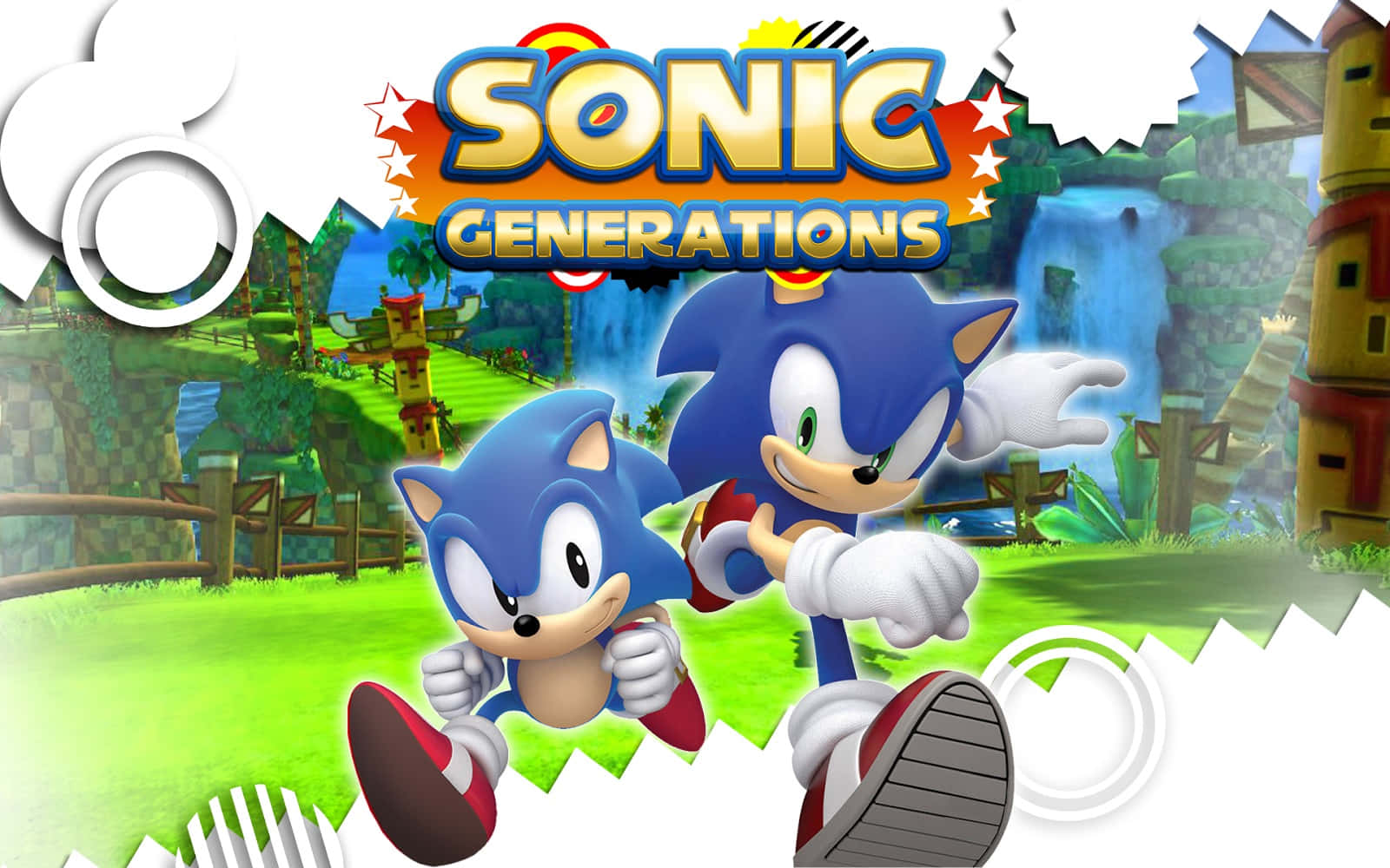 Sonic Generations 桌布 壁紙 — 兩個音速小子角色在晴朗的天空下，穿過充滿瀑布和木結構的鮮綠色風景中競賽。