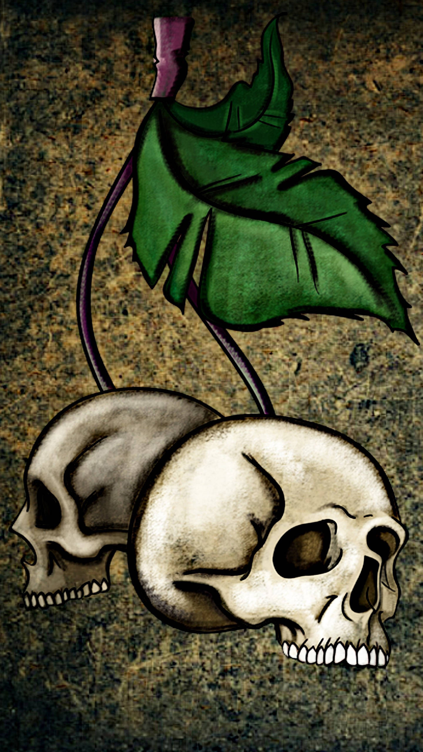 tengkorak 桌布 壁紙 — 兩個頭骨躺在綠色葉藤下，背景為有紋理的棕色。