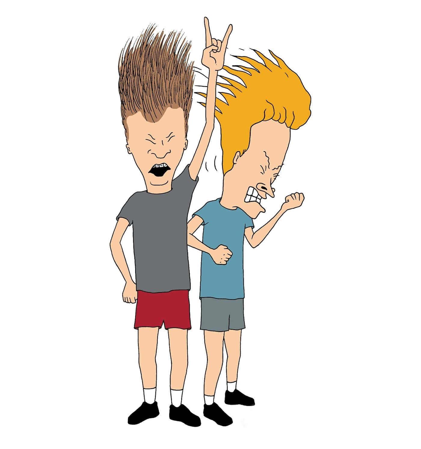 Beavis And Butthead 桌布 壁紙 — 兩個頭髮亂糟糟的卡通男孩在純白色背景前尖叫並充滿活力地做手勢。