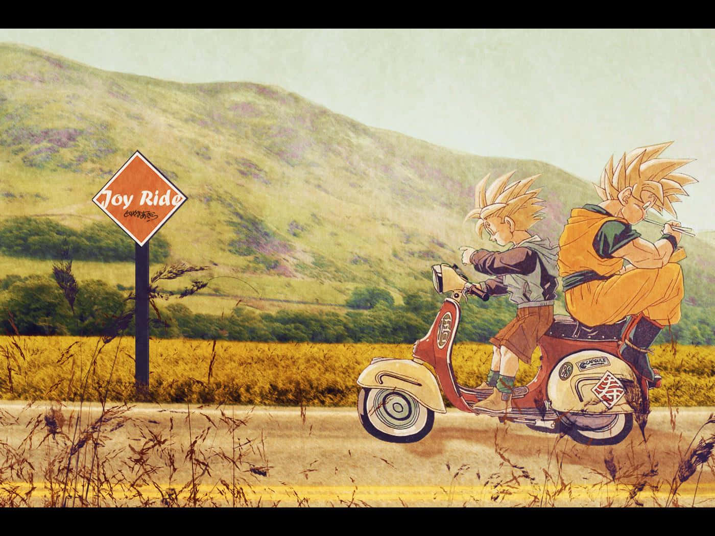 Dbz 桌布 壁紙 — 兩個頭髮尖尖的動漫角色騎著紅色滑板車沿鄉村道路行駛，經過一個「Joy Ride」標誌，背景是起伏的綠色山丘。