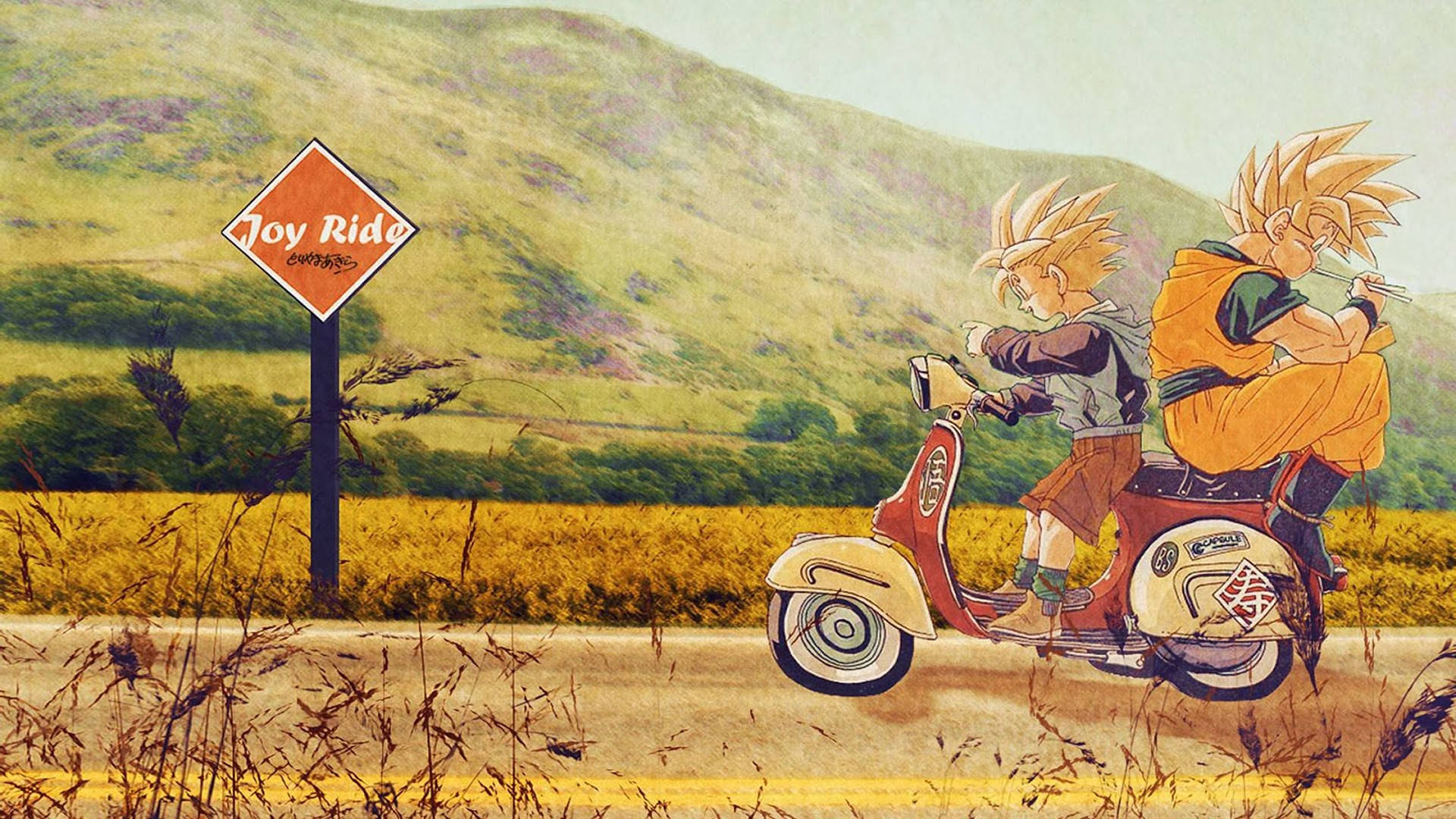 Awesome Goku 桌布 壁紙 — 兩個頭髮豎起的動漫角色騎著紅色電單車，沿著鄉村道路行駛，經過一個「Joy Ride」標誌，天空朦朧。