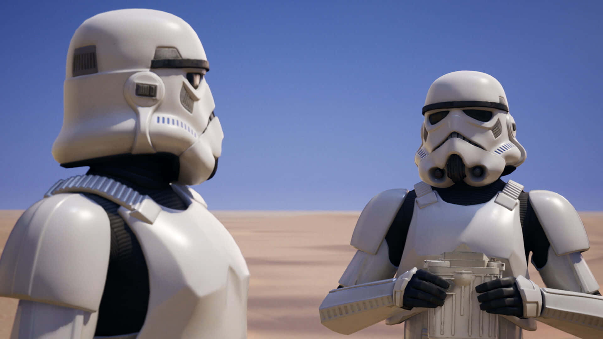 Imperial Army 桌布 壁紙 — 兩個風暴兵站在沙漠中，天空清澈湛藍，其中一個手持爆能步槍，面向另一個。