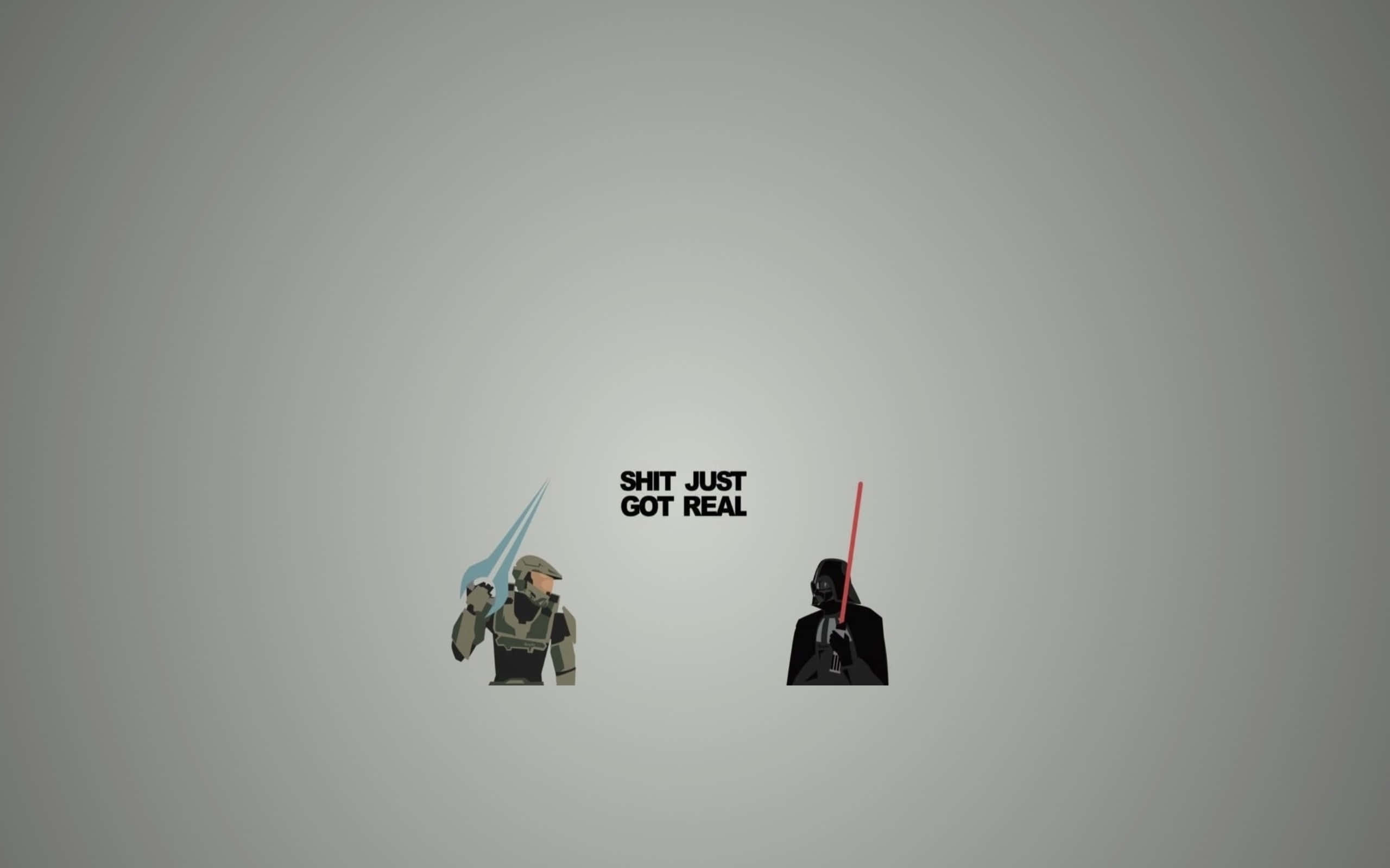 Funny Star Wars 桌布 壁紙 — 兩個風格化人物手持光劍對峙，背景為純灰色，並以粗體文字宣告「SHIT JUST GOT REAL」。