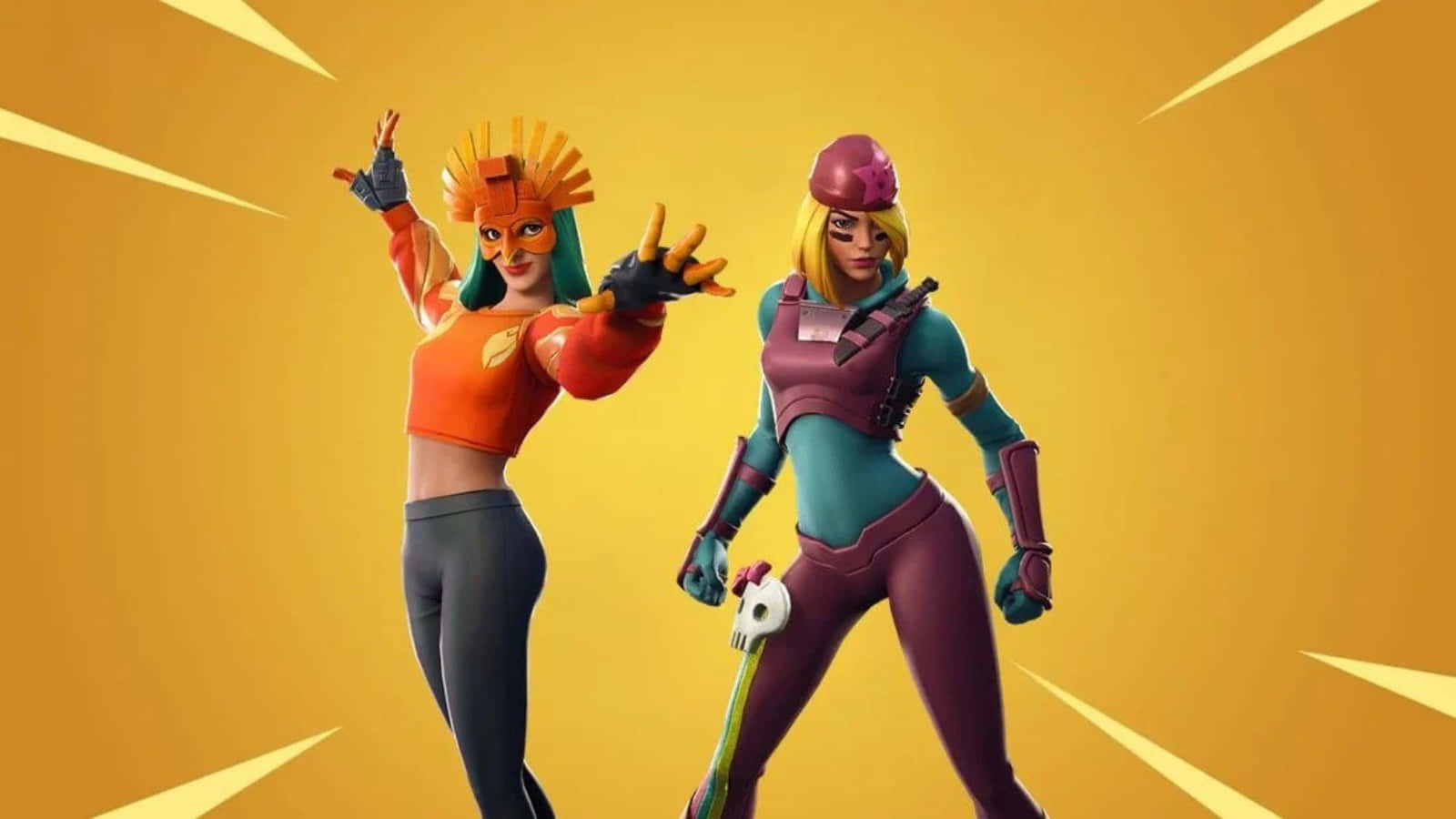 Fortnite Skins Battle Royale 桌布 壁紙 — 兩個風格化的 Fortnite 角色在帶有發光射線的燦爛黃色背景前動態擺姿勢。