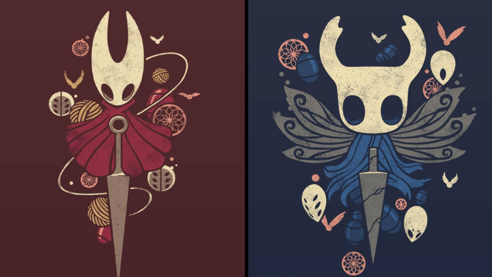 Hollow 桌布 壁紙 — 兩個風格化的 Hollow Knight 角色，帶有華麗的翅膀和劍，周圍環繞著漂浮的頭骨和裝飾圖案。