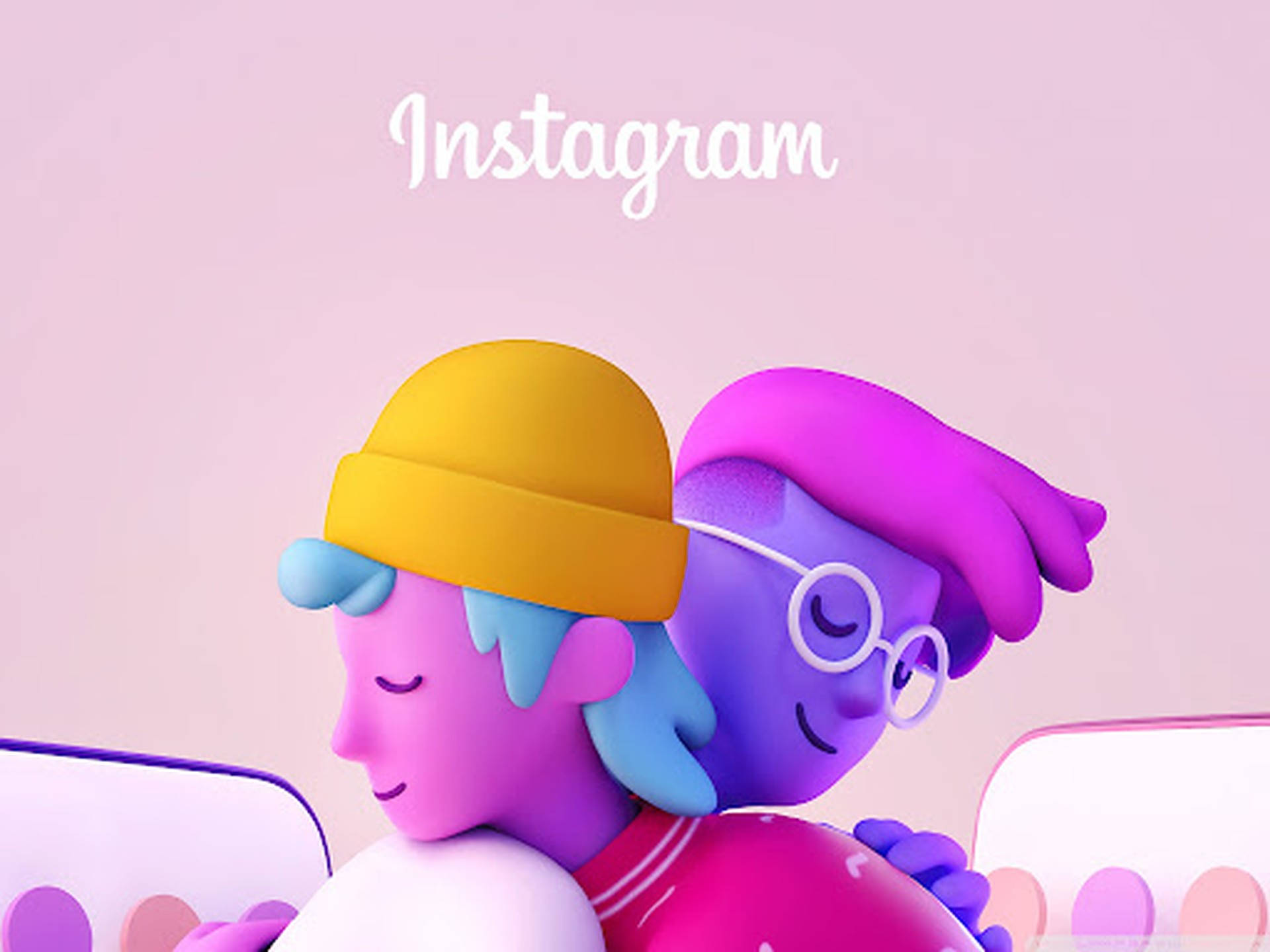 Instagram 桌布 壁紙 — 兩個風格化的3D渲染人物以柔和色彩溫暖擁抱，背景為柔和的粉紅色並帶有'Instagram'文字。