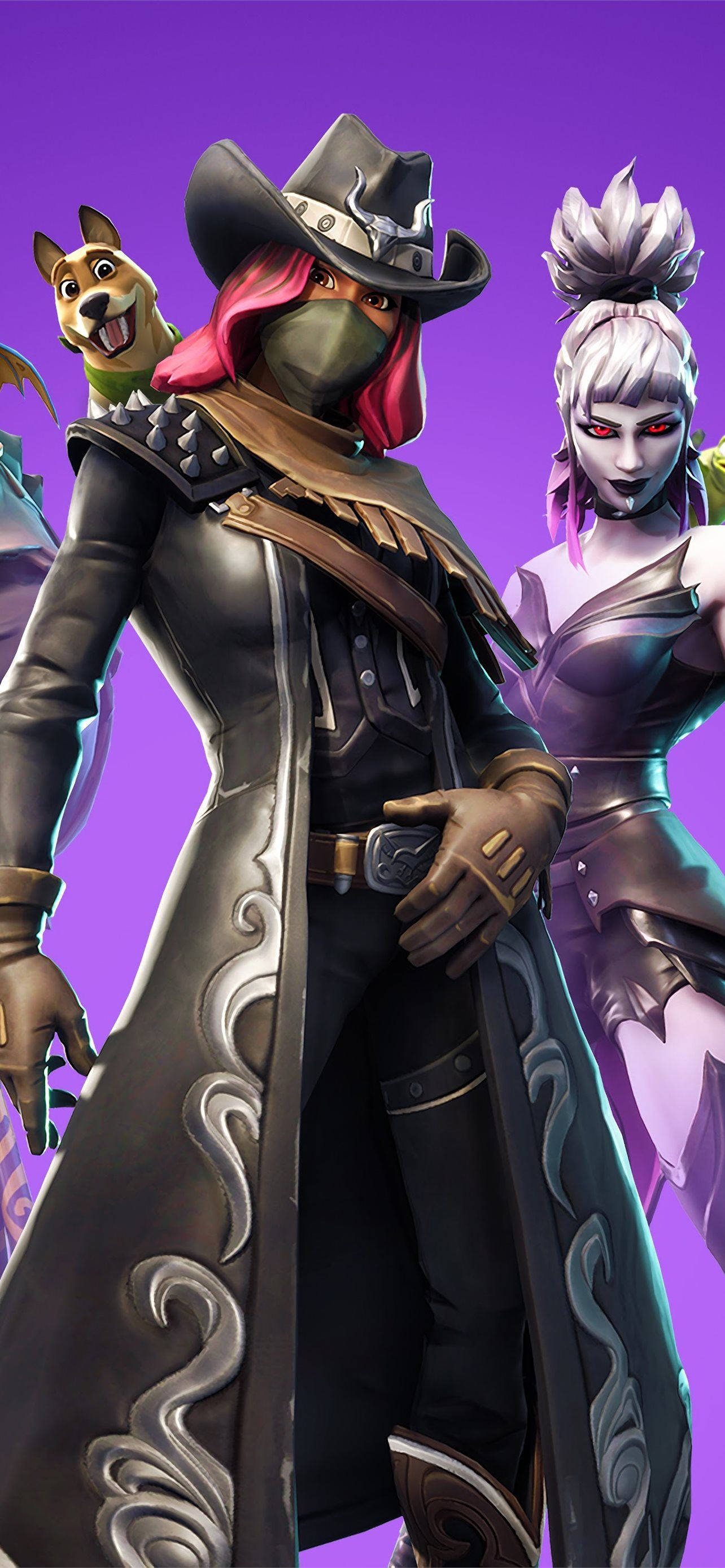 calamity fortnite 桌布 壁紙 — 兩個風格化的Fortnite角色，穿著牛仔和奇幻服裝，站在充滿活力的紫色背景前。