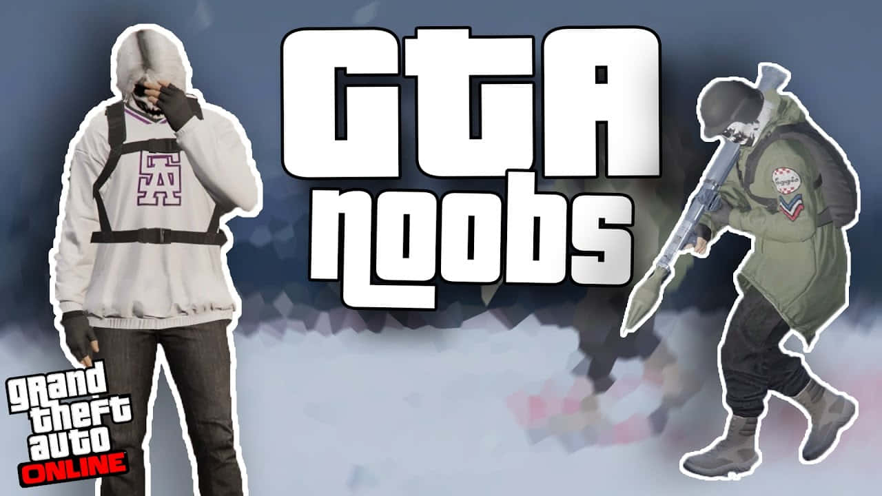 Gta Tryhard 桌布 壁紙 — 兩個風格化的GTA Online角色在煙霧藍色背景上夾著粗體白色文字。