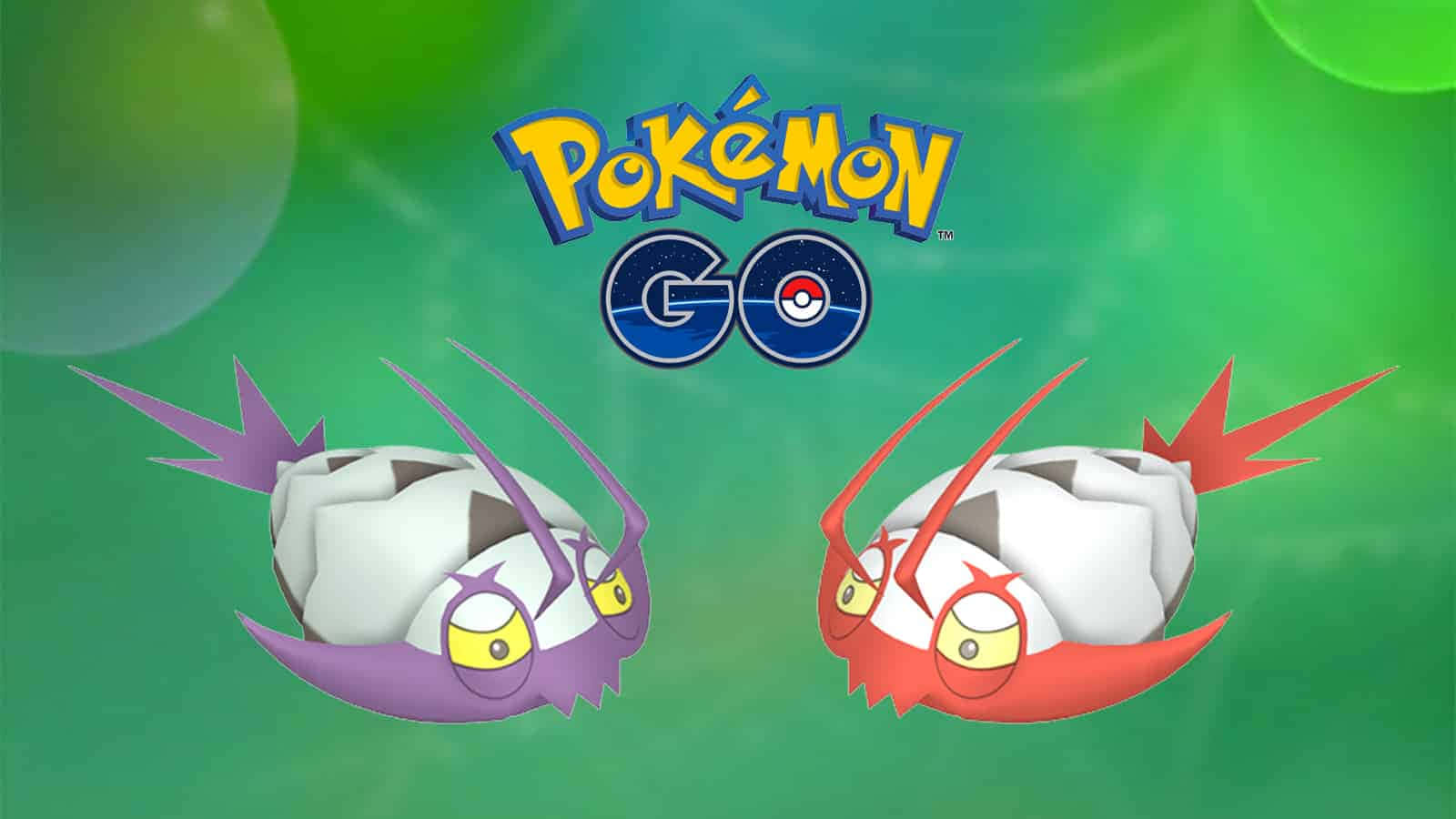 Pokemon Logo 桌布 壁紙 — 兩個風格化的Pokémon Go角色，帶有紫色和紅色點綴，漂浮在發光的綠色背景上。