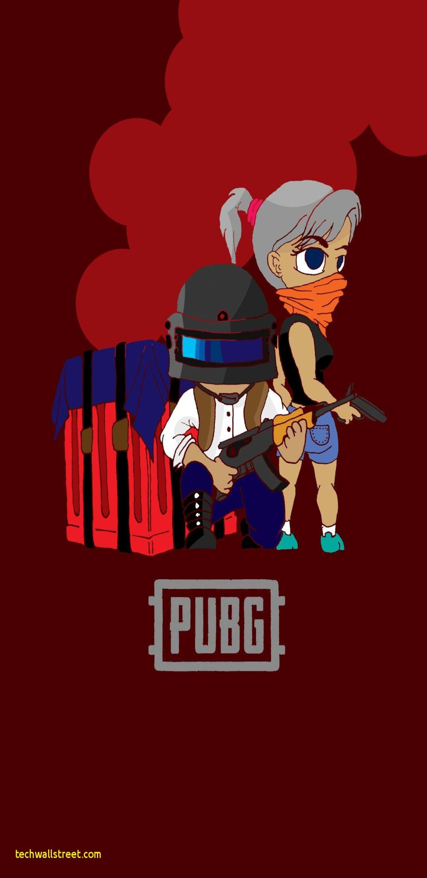 絕地求生 桌布 壁紙 — 兩個風格化的PUBG角色蹲在木箱後面，背景為深紅色並帶有煙霧效果。