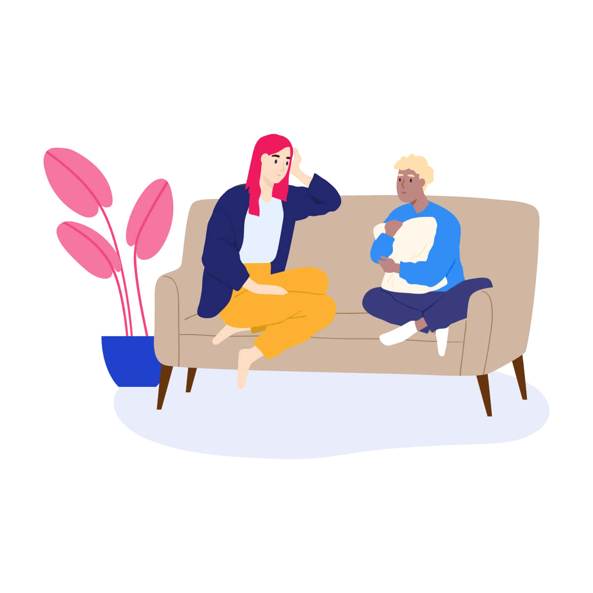 Talking 桌布 壁紙 — 兩個風格化的人坐在米色沙發上，一個抱著枕頭，另一個手放在頭上，旁邊是藍色花盆裡的粉紅色植物。