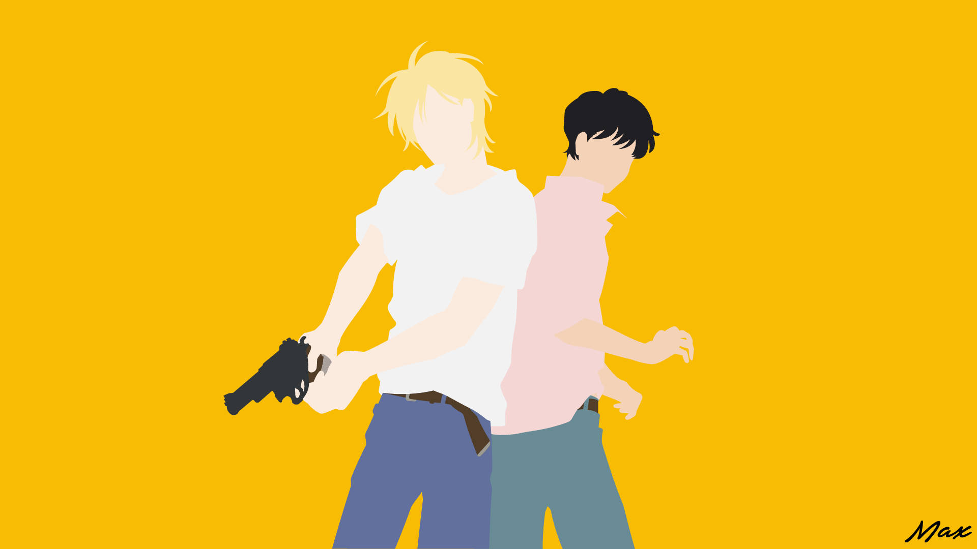 Banana Fish 桌布 壁紙 — 兩個風格化的人物，其中一個拿著槍，背靠背站在純黃色背景上。