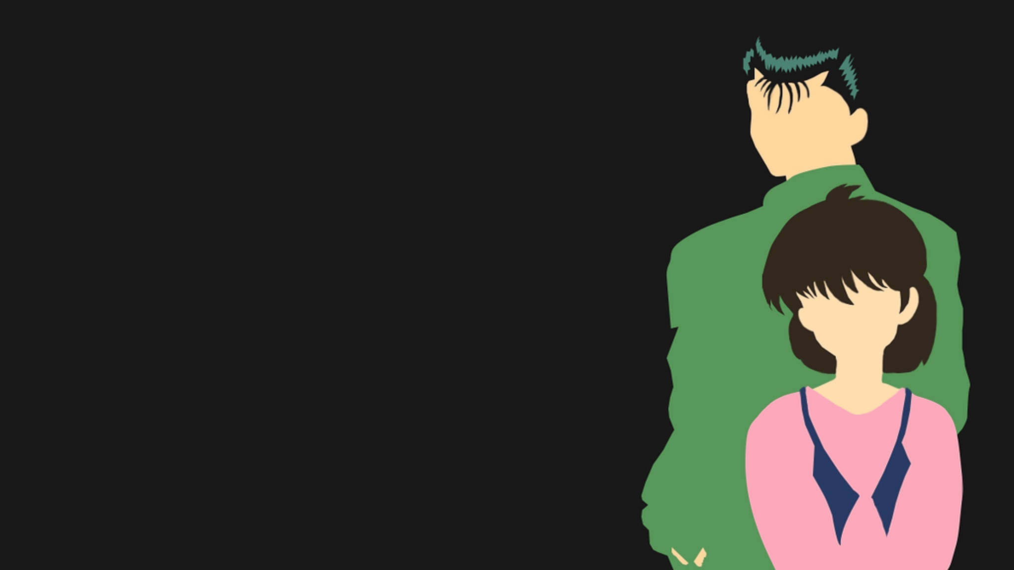 yuyu hakusho 桌布 壁紙 — 兩個風格化的人物，分別以綠色和粉紅色呈現，並排站在純黑色背景前。