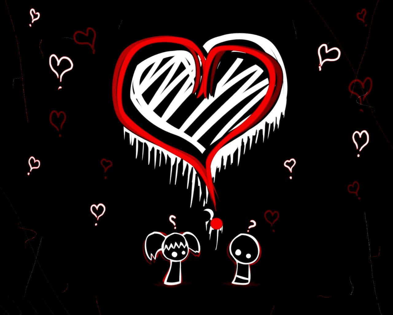 Dark Emo 桌布 壁紙 — 兩個風格化的人物仰望一個滴著冰柱的紅白大心，背景為黑色，並有漂浮的心形。