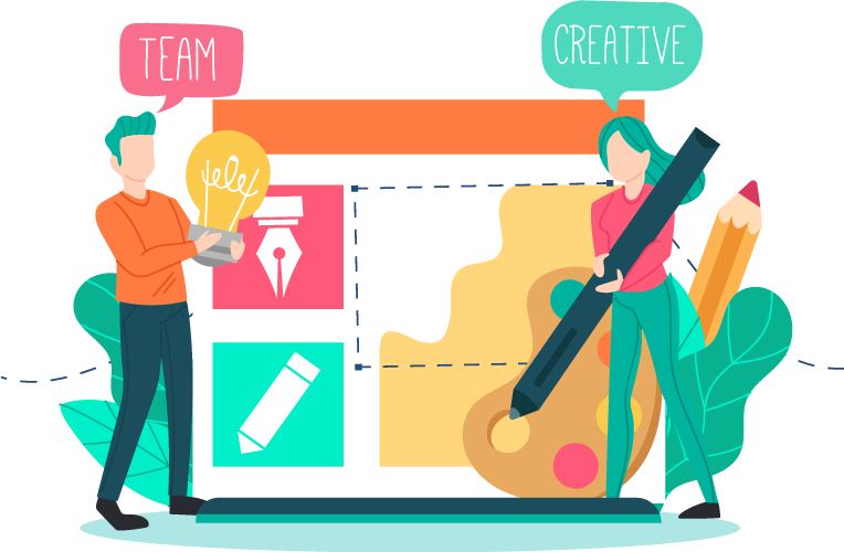 graphic design 桌布 壁紙 — 兩個風格化的人物合作進行一個創意專案，帶有圖示和對話氣泡，突出團隊合作和創造力。