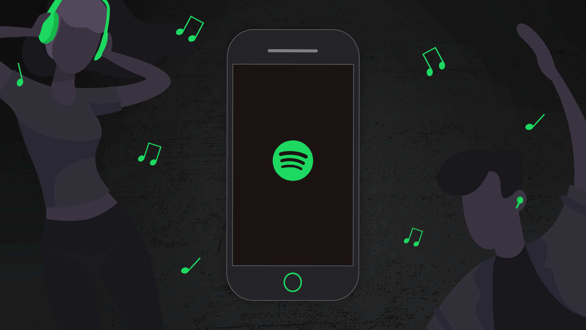 Spotify 桌布 壁紙 — 兩個風格化的人物圍繞著一部顯示Spotify標誌的智慧型手機跳舞，發光的綠色音符在黑暗背景中漂浮。