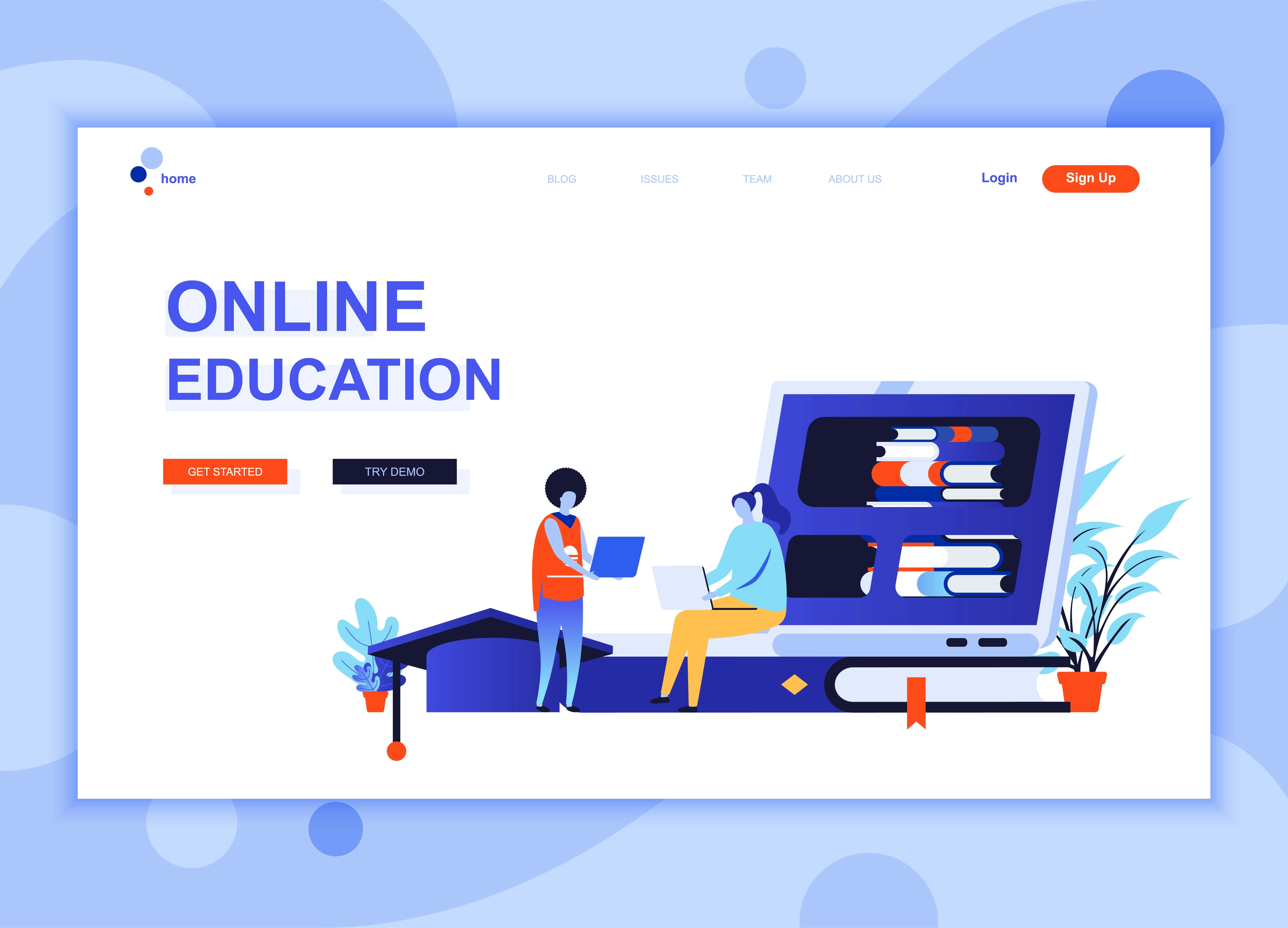 Website 桌布 壁紙 — 兩個風格化的人物在一個巨大的打開的筆記型電腦旁邊與筆記型電腦互動，該筆記型電腦顯示堆疊的書籍，背景為柔和的藍色抽象背景。