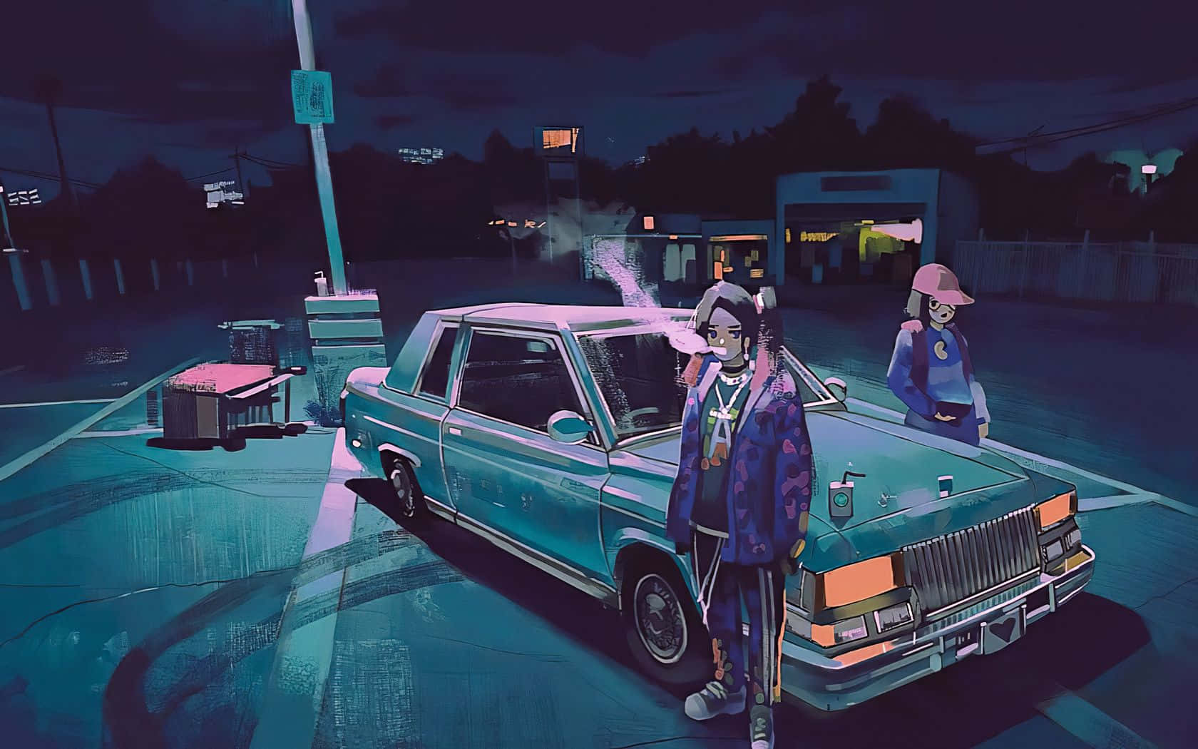 動漫女孩 桌布 壁紙 — 兩個風格化的人物在夜晚站在一輛復古藍綠色汽車旁邊，身處霓虹燈閃爍的城市空地。
