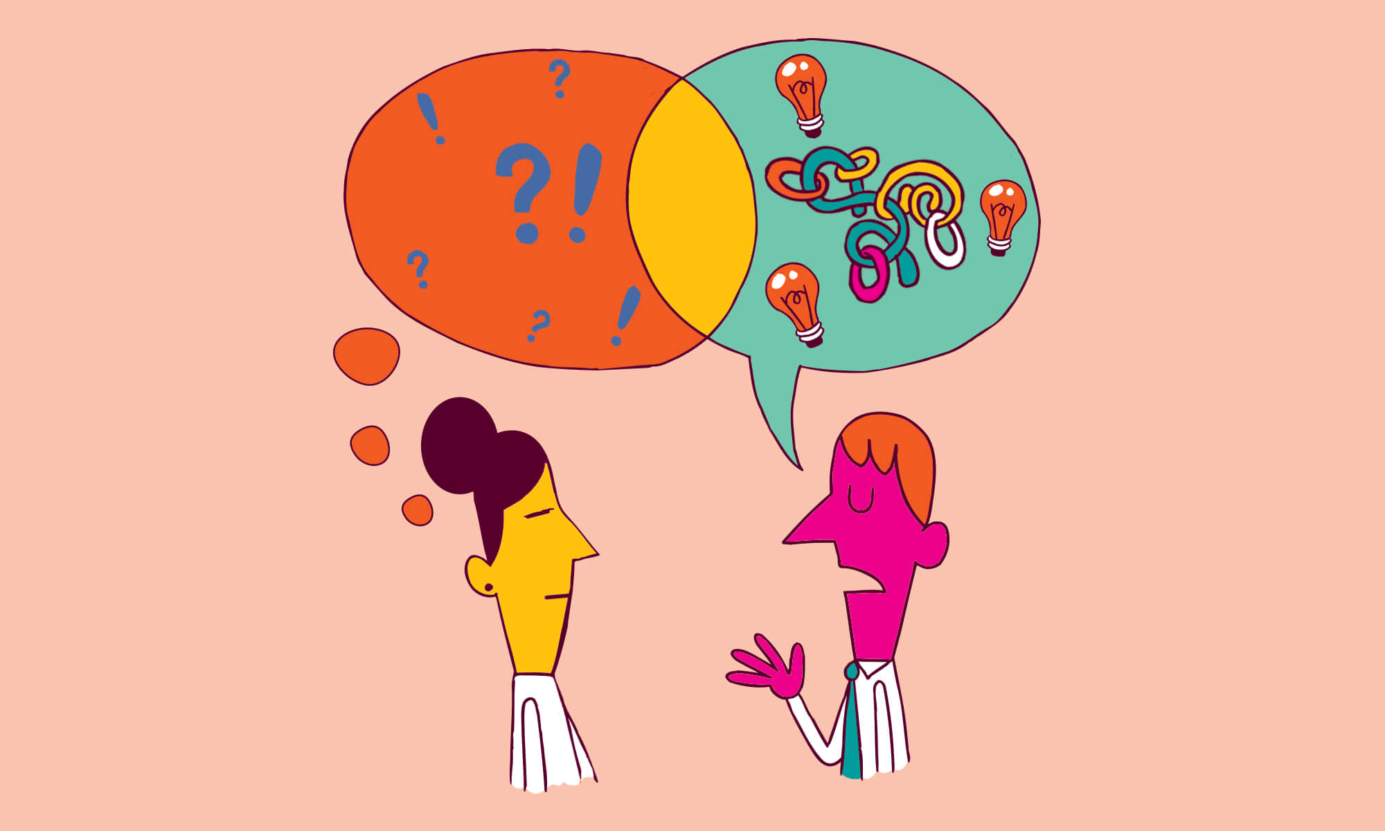 Talking 桌布 壁紙 — 兩個風格化的人物在對話，思想泡泡中顯示問號和燈泡，象徵腦力激盪和創意。