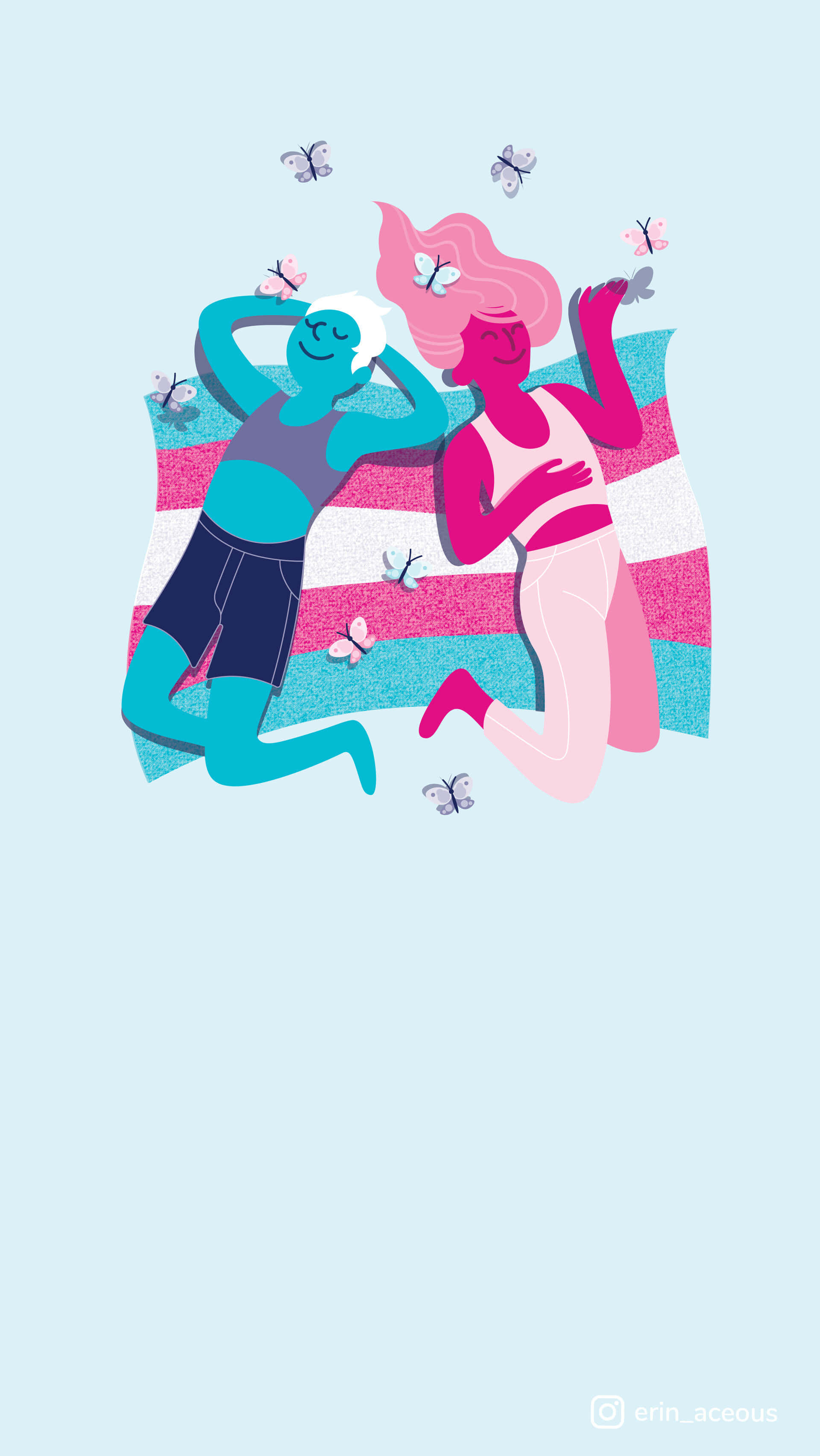 Trans Pride 桌布 壁紙 — 兩個風格化的人物在條紋毯子上放鬆，蝴蝶在他們周圍飛舞，背景是柔和的藍色。