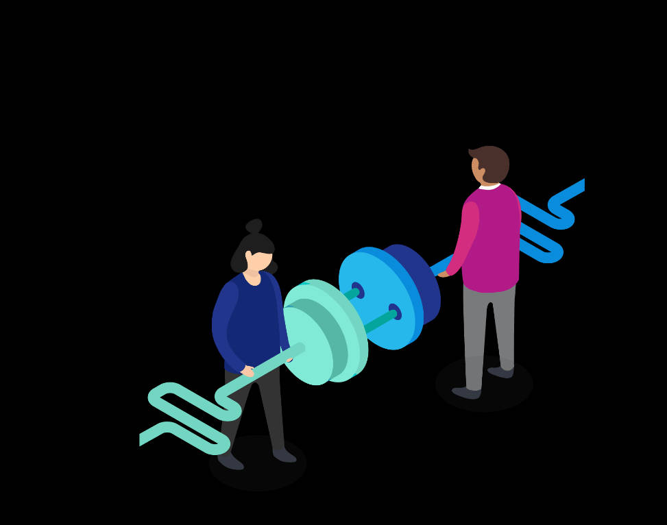 Teamwork 桌布 壁紙 — 兩個風格化的人物在黑色背景前舉起一個巨大的槓鈴，槓鈴上帶有發光的青綠色和藍色鈴片。