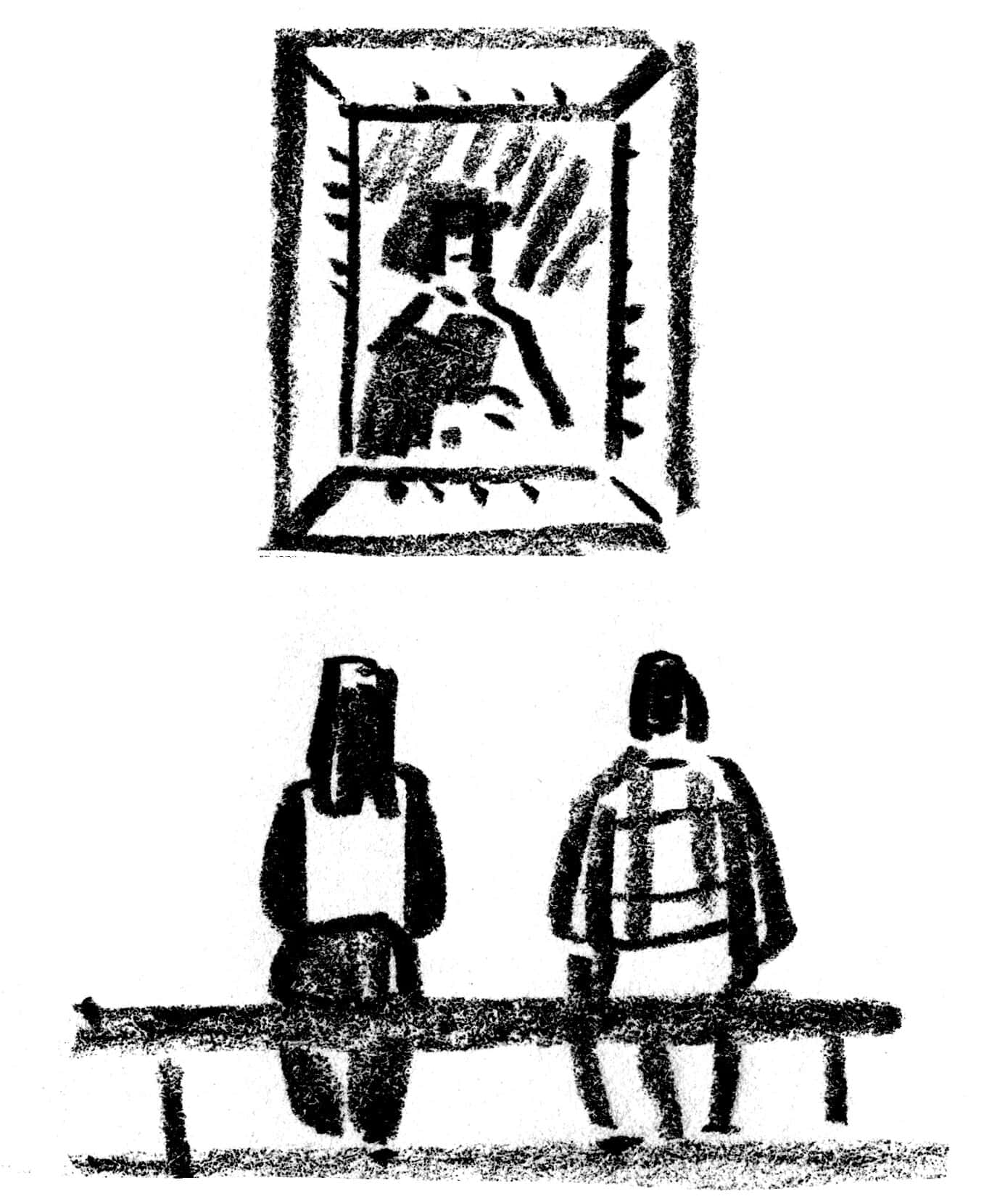 Black And White Drawing 桌布 壁紙 — 兩個風格化的人物坐在長椅上，仰望一幅戴帽人物的裱框肖像。