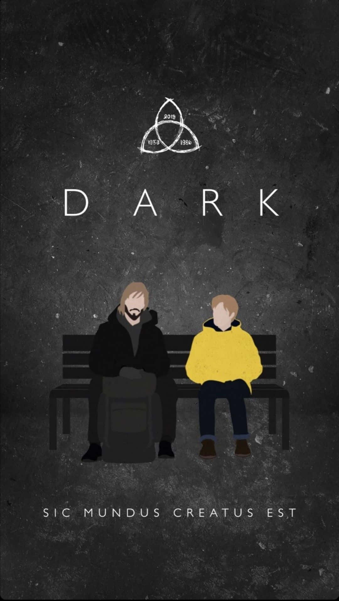 Dark Netflix 桌布 壁紙 — 兩個風格化的人物坐在長椅上，背景為有紋理的深色背景，上方有一個三曲結符號和 DARK 字樣。