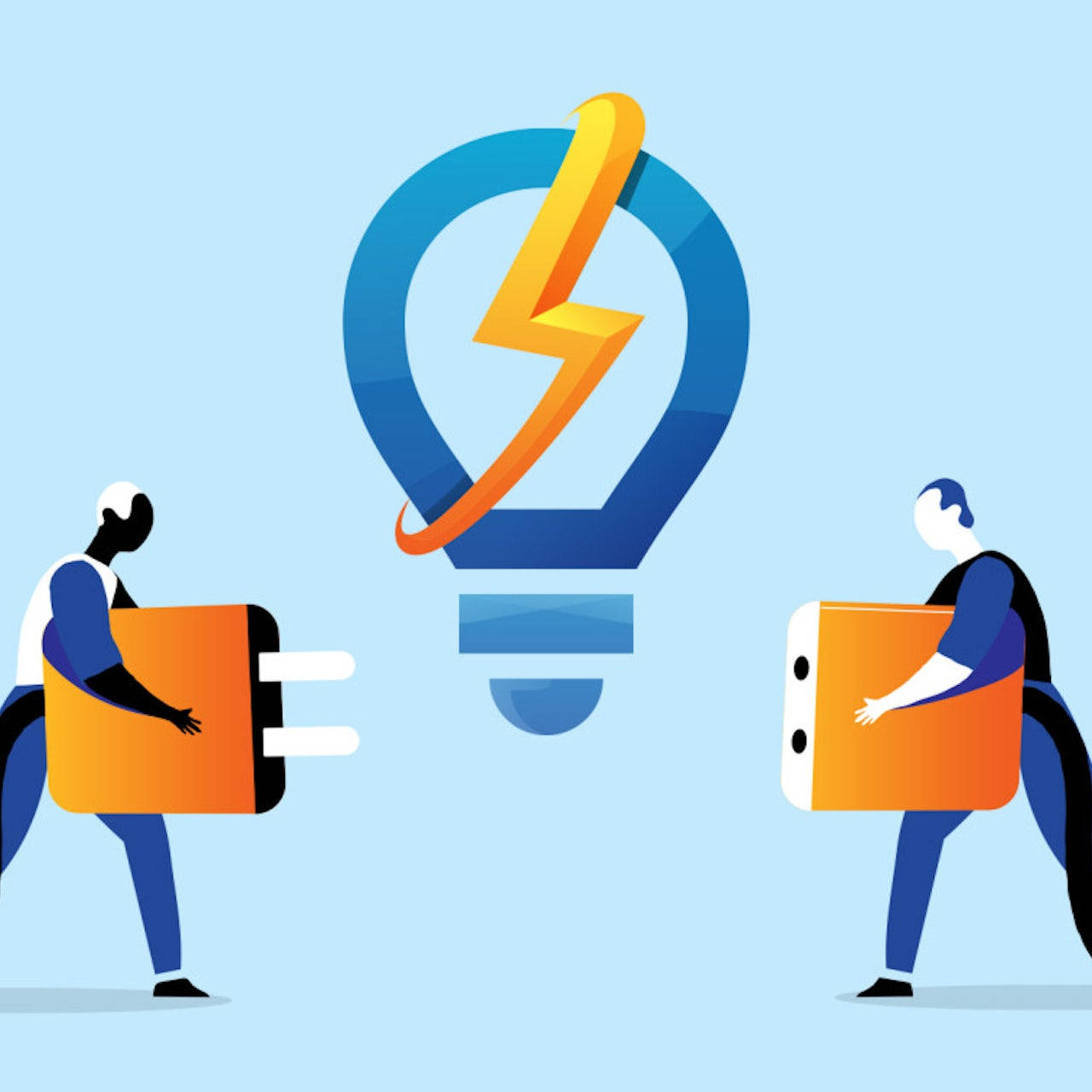 Light Bulb 桌布 壁紙 — 兩個風格化的人物將大型插頭和插座連接器帶向一個發光的燈泡圖標，象徵能量連接。