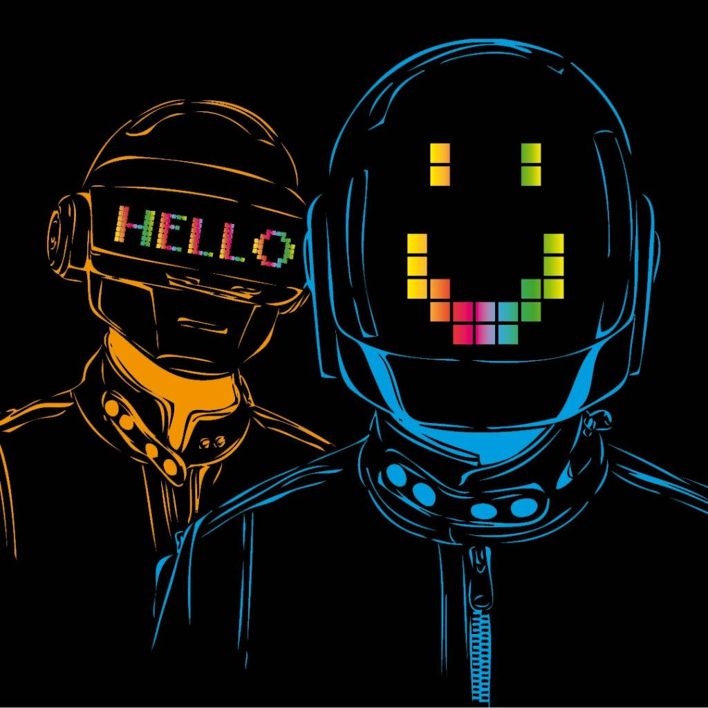 punk 桌布 壁紙 — 兩個風格化的人物戴著發光頭盔，一個顯示「HELLO」，另一個在黑色背景上顯示彩虹笑臉。
